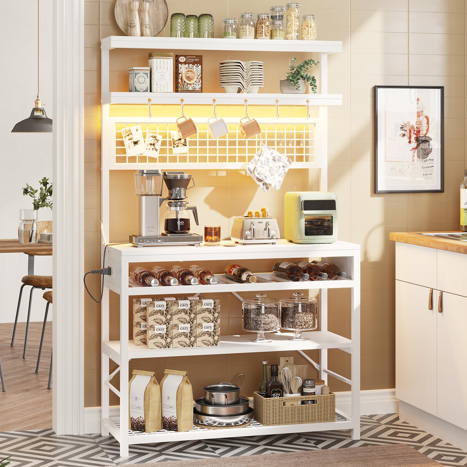 6-Tier Itaar Bakers Rack with Power Outlet & LED Lights - Kitchen Coffee Bar, Microwave Stand with Wine Rack & 10 Hooks - White Storage Shelf for Small Spaces, Apartments & Home Organization