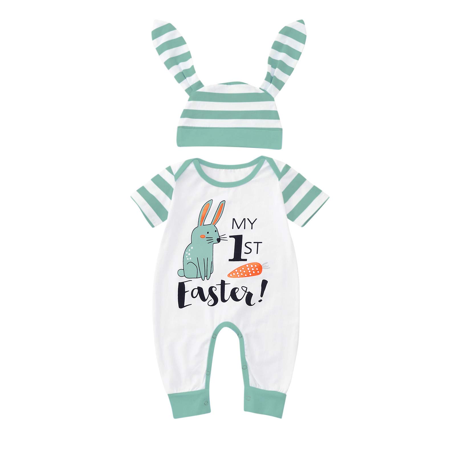FIN86 Baby Short-Sleeved Easter Bunny Romper Jumpsuit with Hat - My First Easter Outfit for Boys & Girls - Perfect for Easter Photos, Egg Hunts & Spring Celebrations