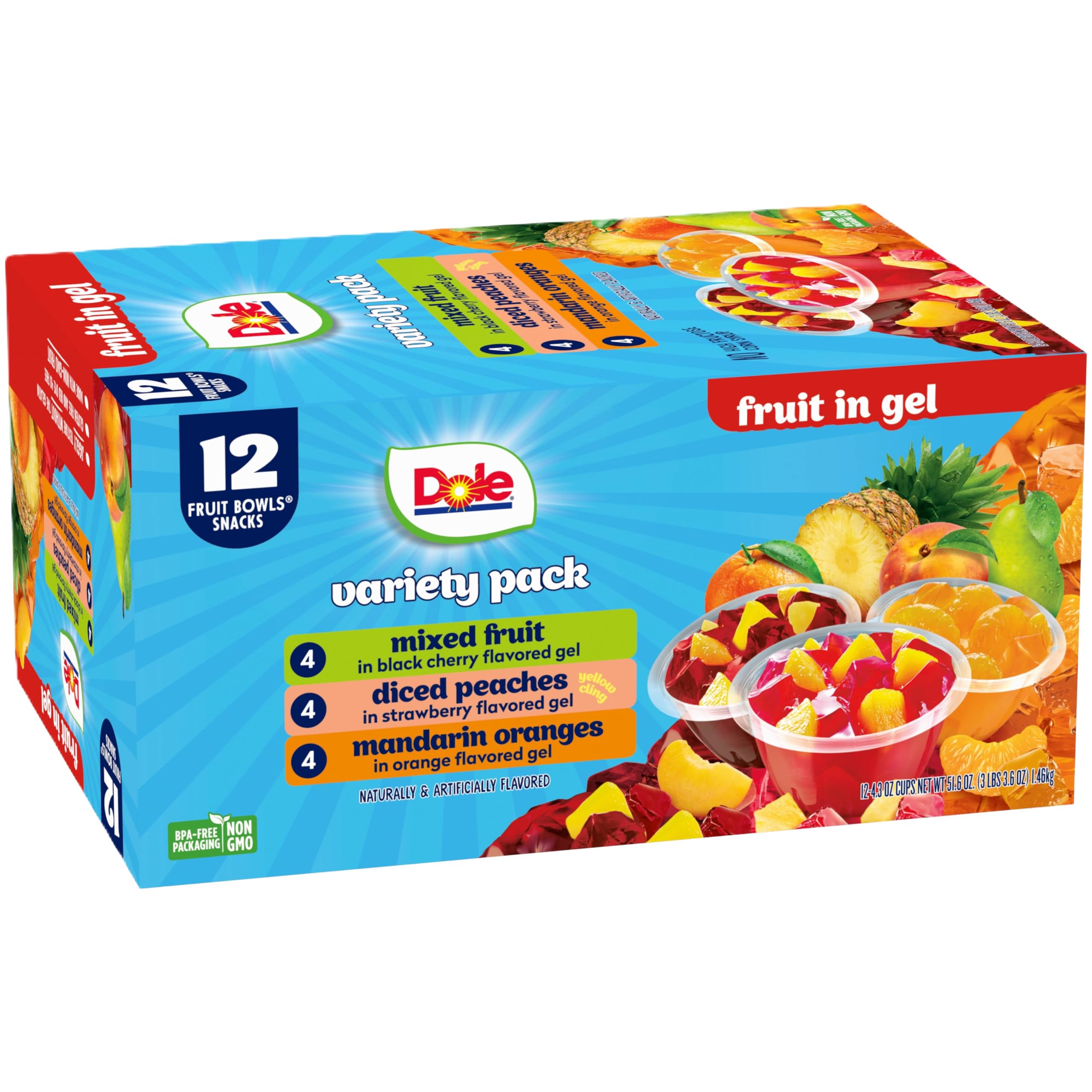 Dole Fruit Cups Variety Pack - Diced Peaches, Mandarin Oranges & Mixed Fruit in Gel - 4.3 oz (12 Pack) | Healthy Snacks for Kids Lunch Boxes, Office Break & On-the-Go Nutrition