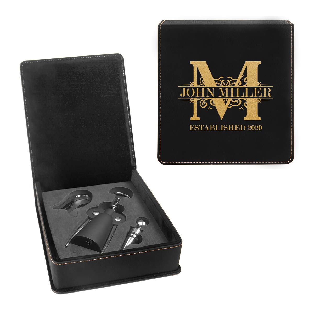 Personalized Royal Monogram Leatherette 3-Piece Wine Tool Set - Corkscrew, Foil Cutter & Bottle Stopper - Perfect for Wine Lovers, Gifts & Entertaining