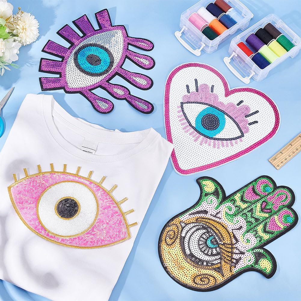 INFUNLY 4PCS Large Evil Eye Embroidered Iron-On Patches - Heart & Hand Rhinestone Appliques for DIY Clothing, Jackets, Bags - Sew On Repair Patches for Fashion & Craft Projects (Boho Style Decor)