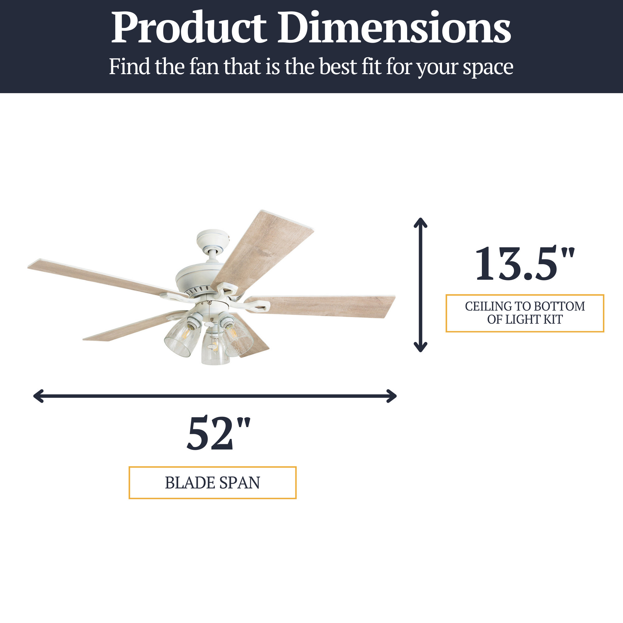 52 Inch Glenmont Distressed White Ceiling Fan with Pull Chain - Perfect for Living Room, Bedroom, and Outdoor Patio Cooling