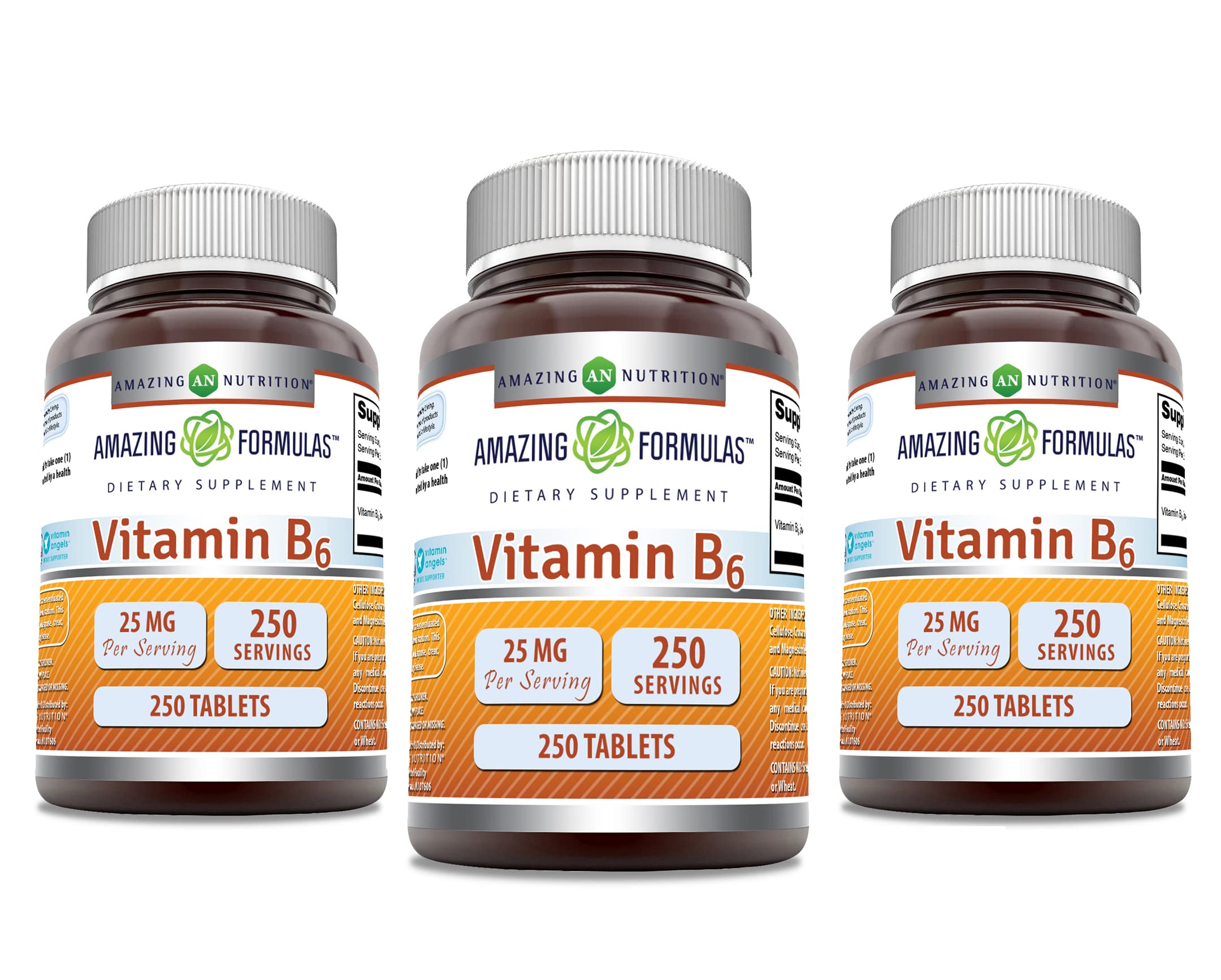 Amazing Formulas Vitamin B6 Pyridoxine 25mg 250 Tablets - Non-GMO, Gluten Free Dietary Supplement | Made in USA (3 Pack) | Supports Energy Metabolism & Nervous System Health for Active Lifestyles