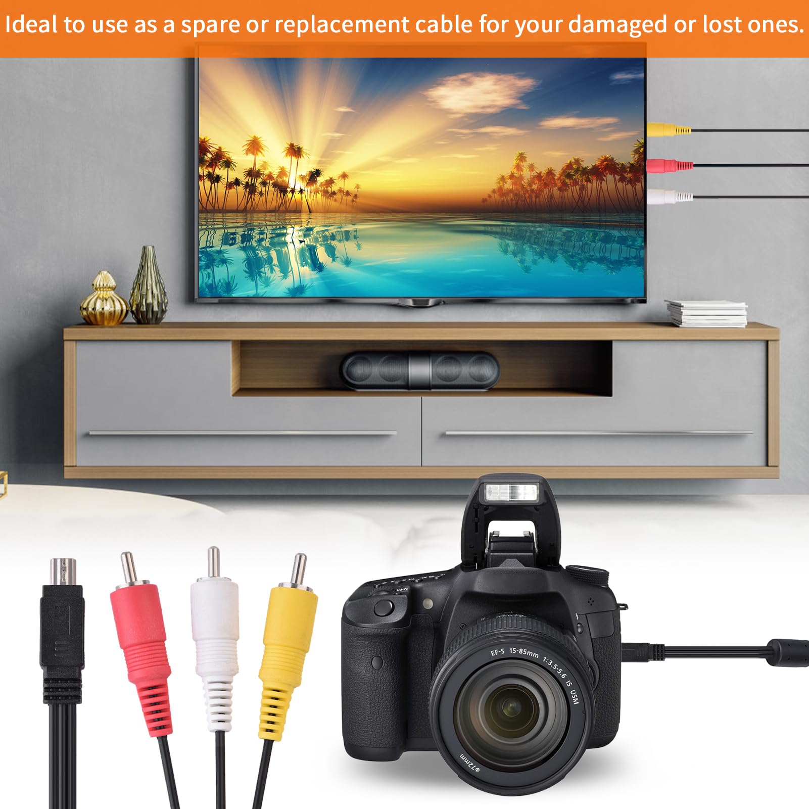 Mini USB to 3 RCA AV Cable - High Quality Video Audio Cable for Digital Cameras (IXUS 990/980/970) to TV - Connect Your Camera for Home Theater & Video Playback