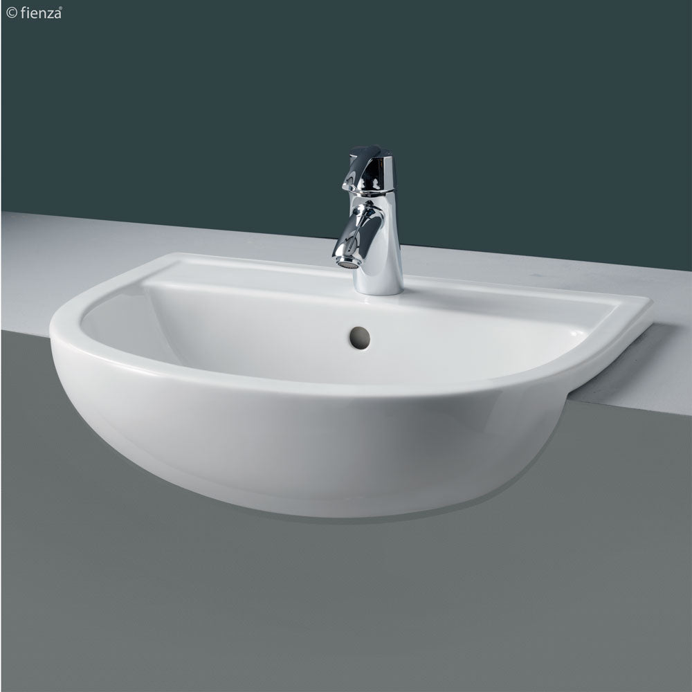 Fienza 603703W White Semi-Recessed Ceramic Bathroom Sink with 3 Tap Holes - Compact Design for Small Spaces, Perfect for Powder Rooms, Guest Baths & Vanities