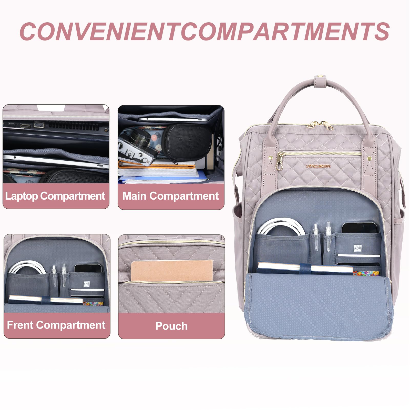 KROSER 17 Inch Laptop Backpack - Water Resistant USB Charging Port College Backpack for Men & Women, Stylish Quilted Dusty Pink Daypack - Perfect for Work, Travel, School & Business Commute