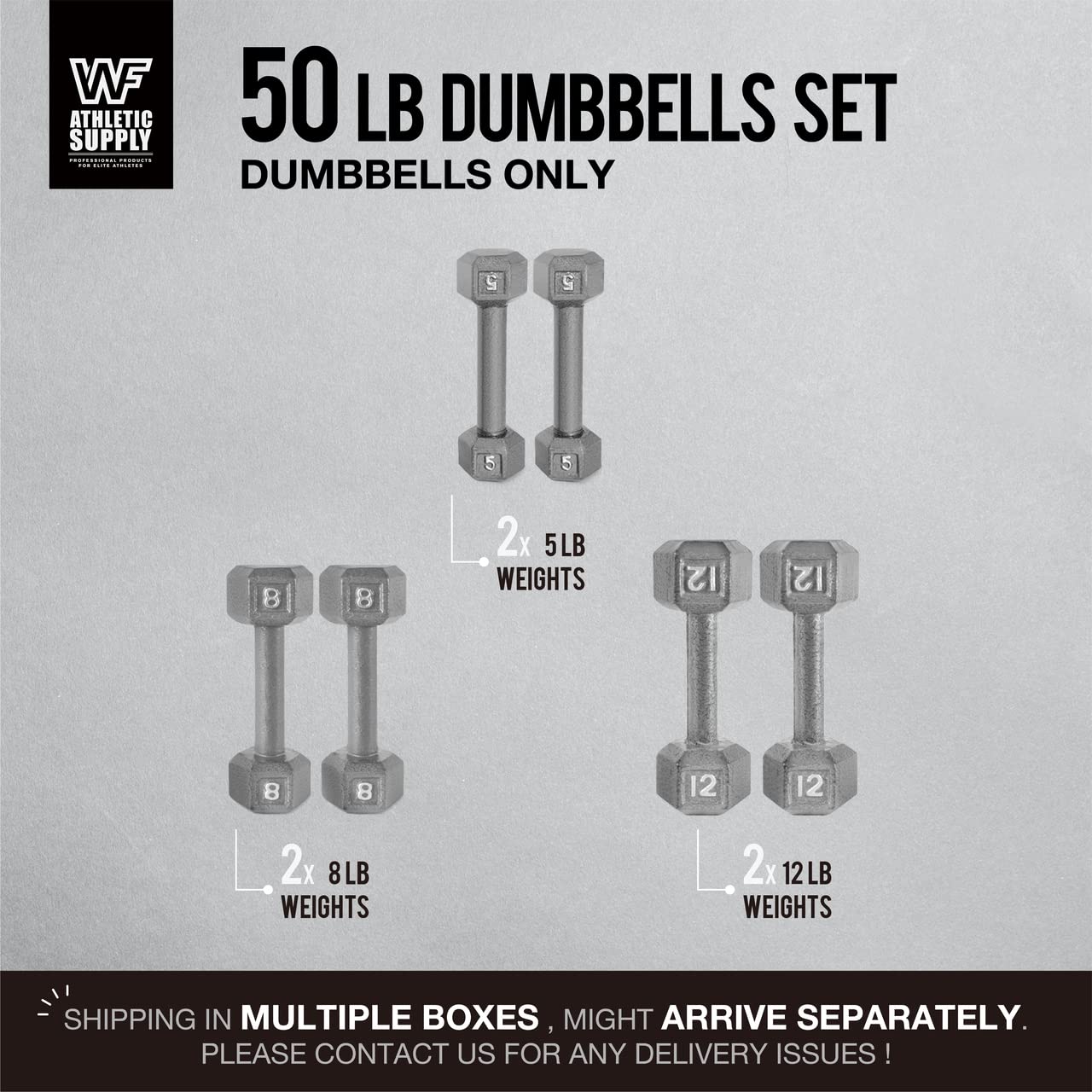 CAPHAUS Cast Iron Hex Dumbbell Set - Solid Grey Free Weights for Strength Training (5-50lbs) | Home Gym Equipment for Men & Women | Perfect for Weightlifting, CrossFit & Home Workouts