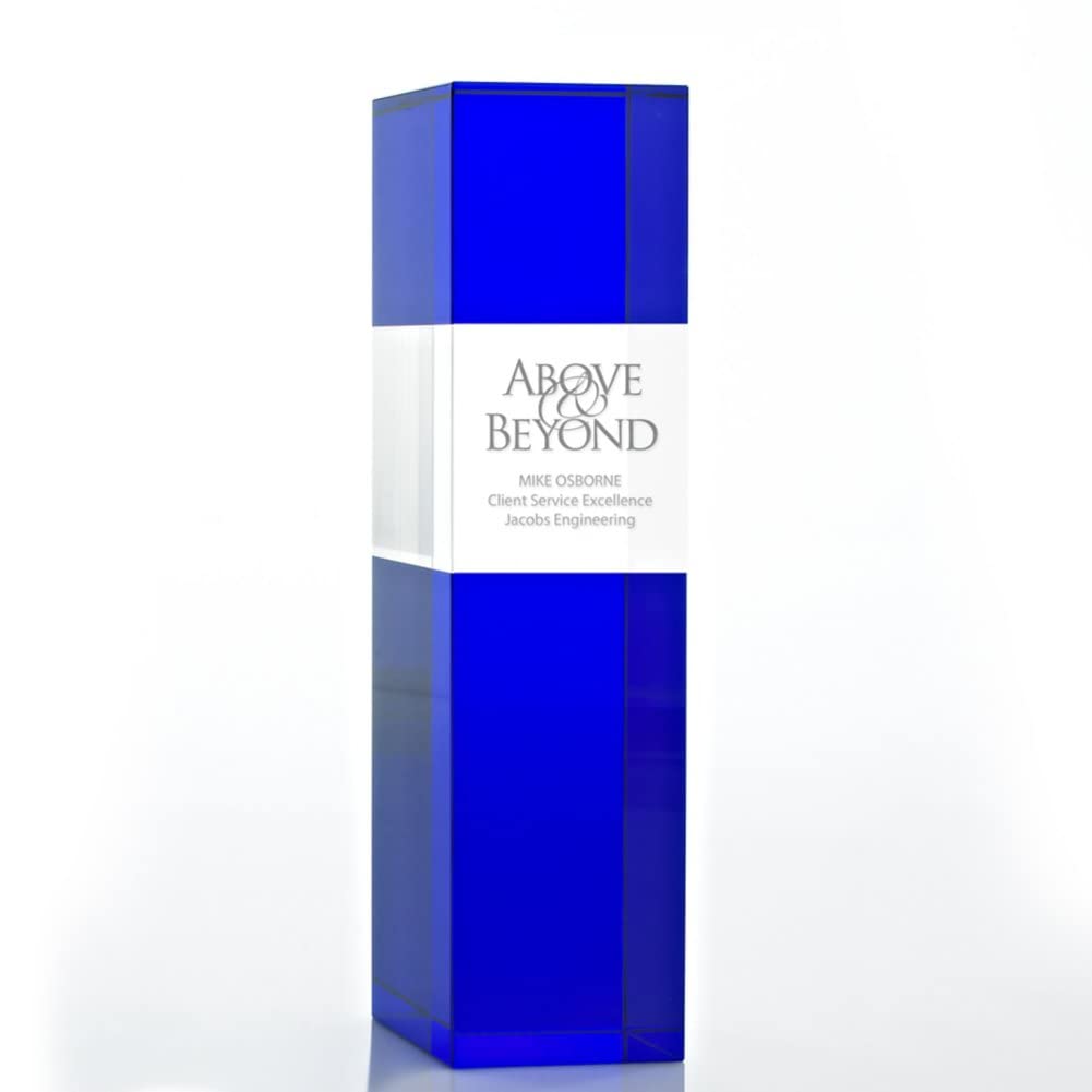 Baudville Engraved Crystal Trophy with Blue Base - Custom Employee Award with Personalized Engraving - Elegant Gift Box Included - Perfect for Recognition Ceremonies & Corporate Awards