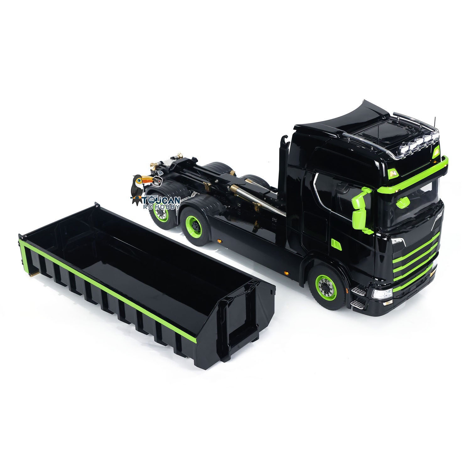 1/14 Scale 6x6 Hydraulic RC Dump Truck - Metal Radio Controlled Roll Off Dumper with Rear Axle Lifting, 3-Speed Transmission & LED Light System - Perfect for Construction Site Play, Off-Road Adventure & Collectors Display