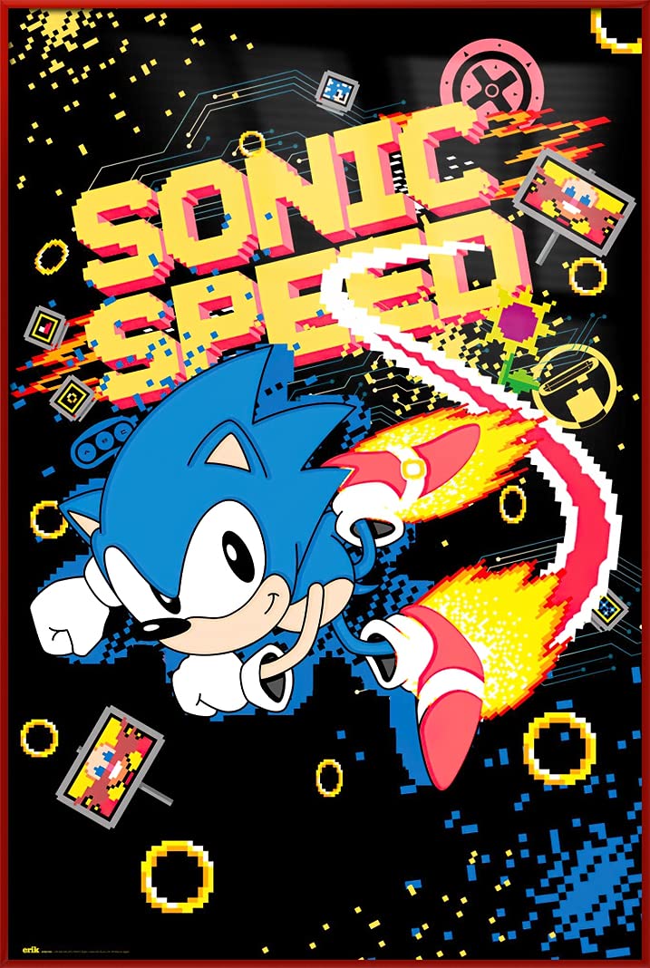 Sonic The Hedgehog Framed Poster 24x36 Inches - Premium Gaming & TV Show Wall Art Decor for Bedroom, Living Room, Game Room & Office - Sonic Speed Themed Collectible Gift for Fans