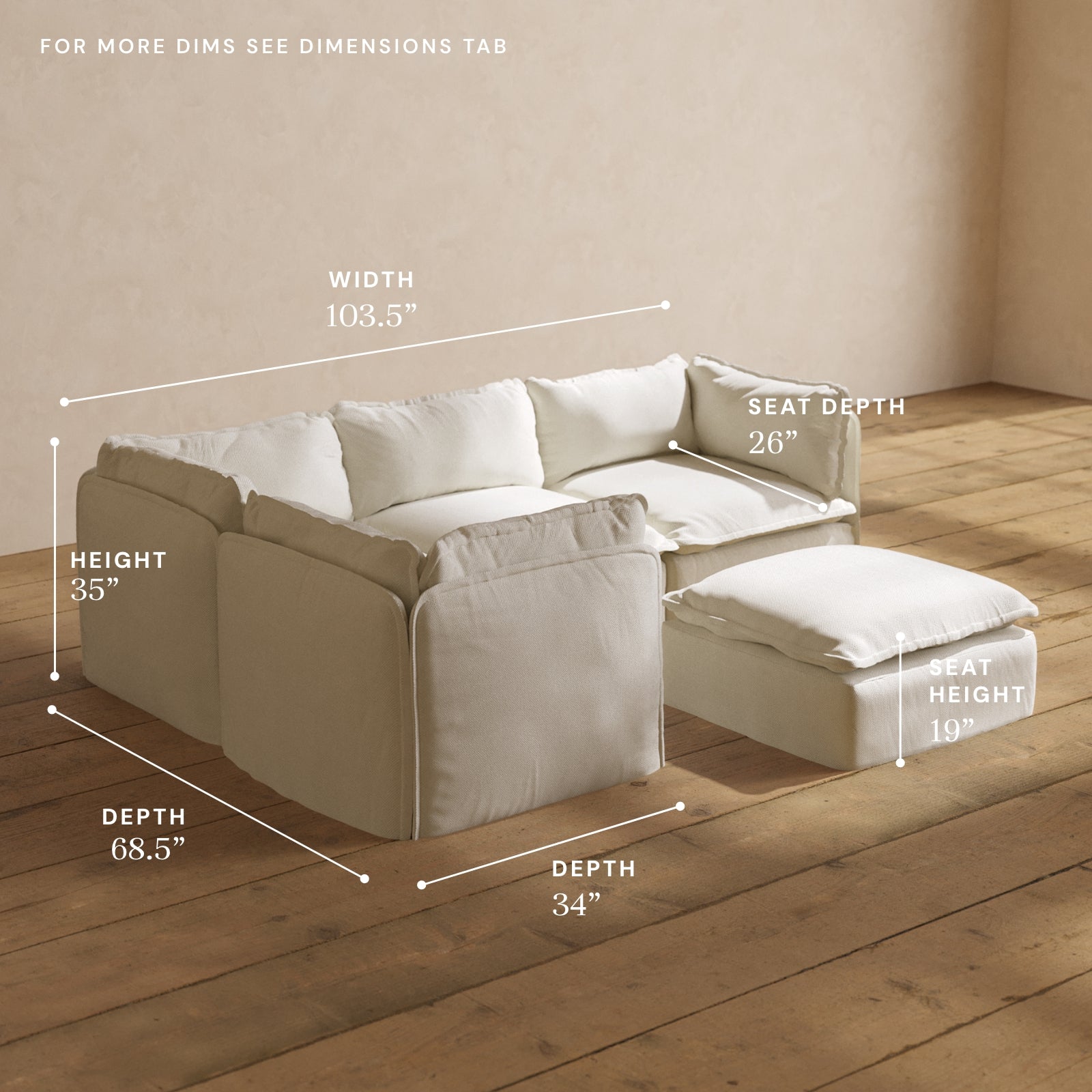 Modular Performance 4-Seater Corner Sectional Sofa with Ottoman in Eggshell | Premium Fabric Blend | Perfect for Living Room, Family Room & Home Theater