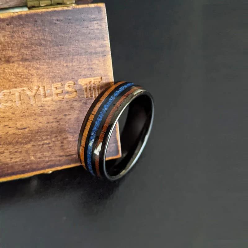 Lapis Lazuli and Koa Wood Tungsten Rings for Men - 8mm Tropical Blue Lapis Ring, Wooden Wedding Band, Black Comfort Fit, Anniversary Gift for Him - Perfect for Weddings, Engagements, and Special Occasions