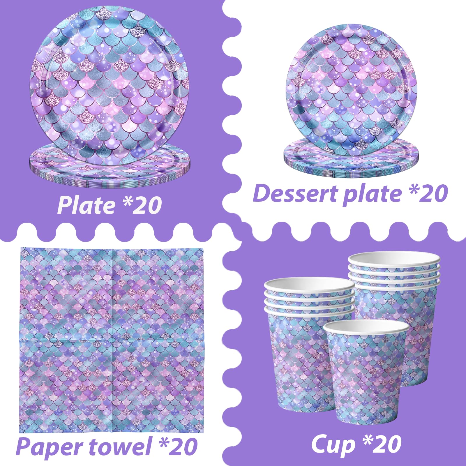 80Pcs Mermaid Party Tableware Set - Gray & Purple Little Mermaid Birthday Decorations, Disposable Plates & Napkins for Under The Sea Ocean Theme Party (Serves 20) - Perfect for Kids Birthday, Baby Shower & Themed Events