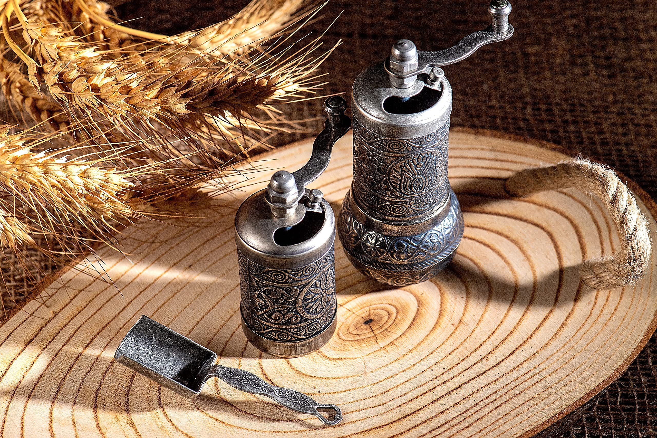 Premium 4-Piece Herb & Spice Grinder Set - Manual Crank Handle Pepper Mill for Freshly Ground Peppers, Herbs & Spices - Perfect for Cooking, Baking & Seasoning (Dark Silver)