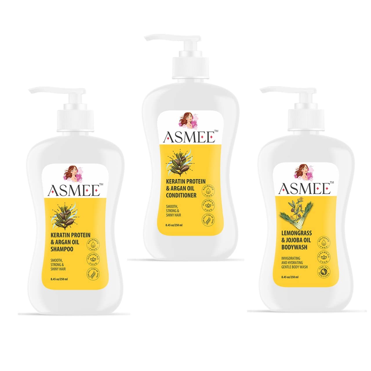 ASMEE Keratin & Argan Oil Shampoo & Conditioner Set with Lemongrass Jojoba Body Wash - Hair & Body Care Combo for Dry Damaged Hair & Smooth Skin - Perfect for Daily Shower & Salon-Quality Results
