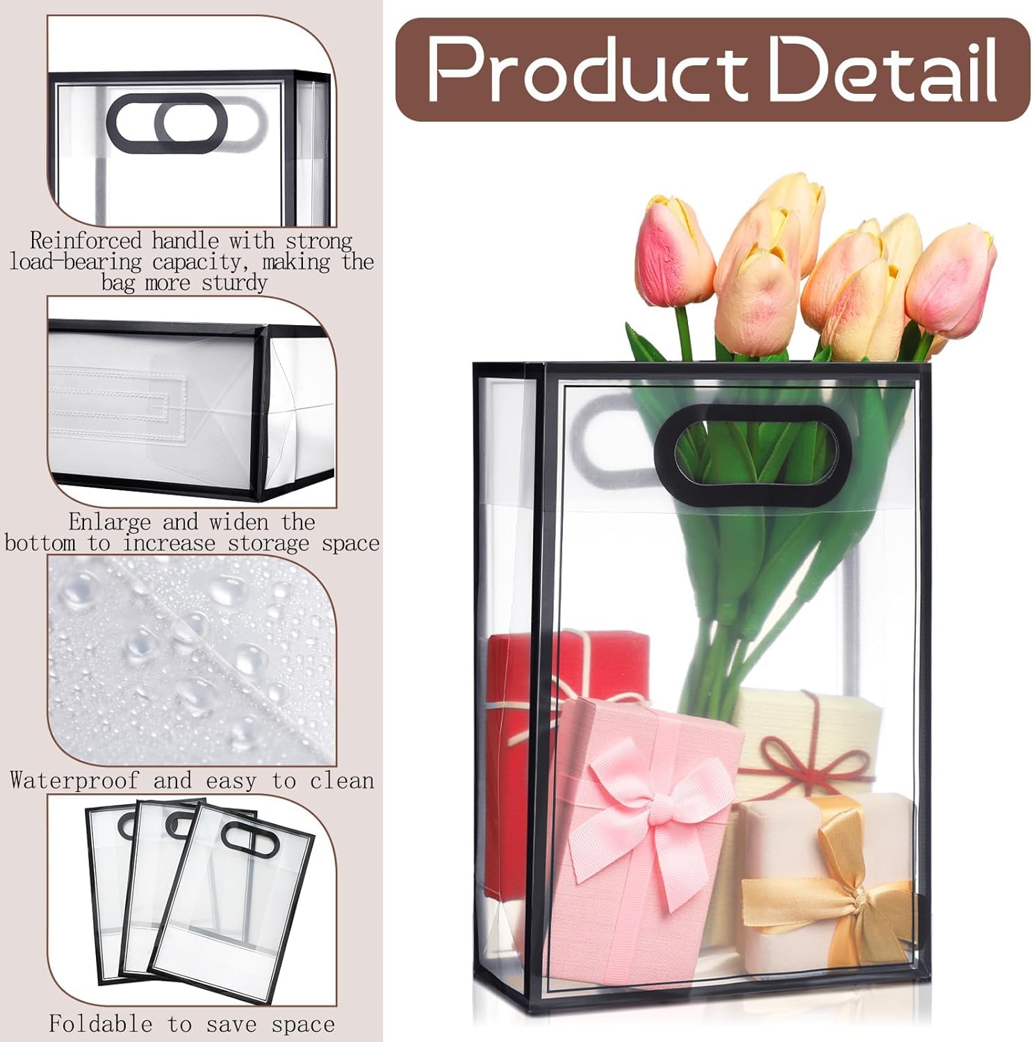 SATYAM KRAFT 6-Piece Clear Plastic Gift Bags with Handles - 18x26x8.5cm Small Black Translucent Goodie Bags for Birthday Parties, Weddings, Shopping, Festivals & Special Events | Perfect for Party Favors, Gift Wrapping & Event Decorations