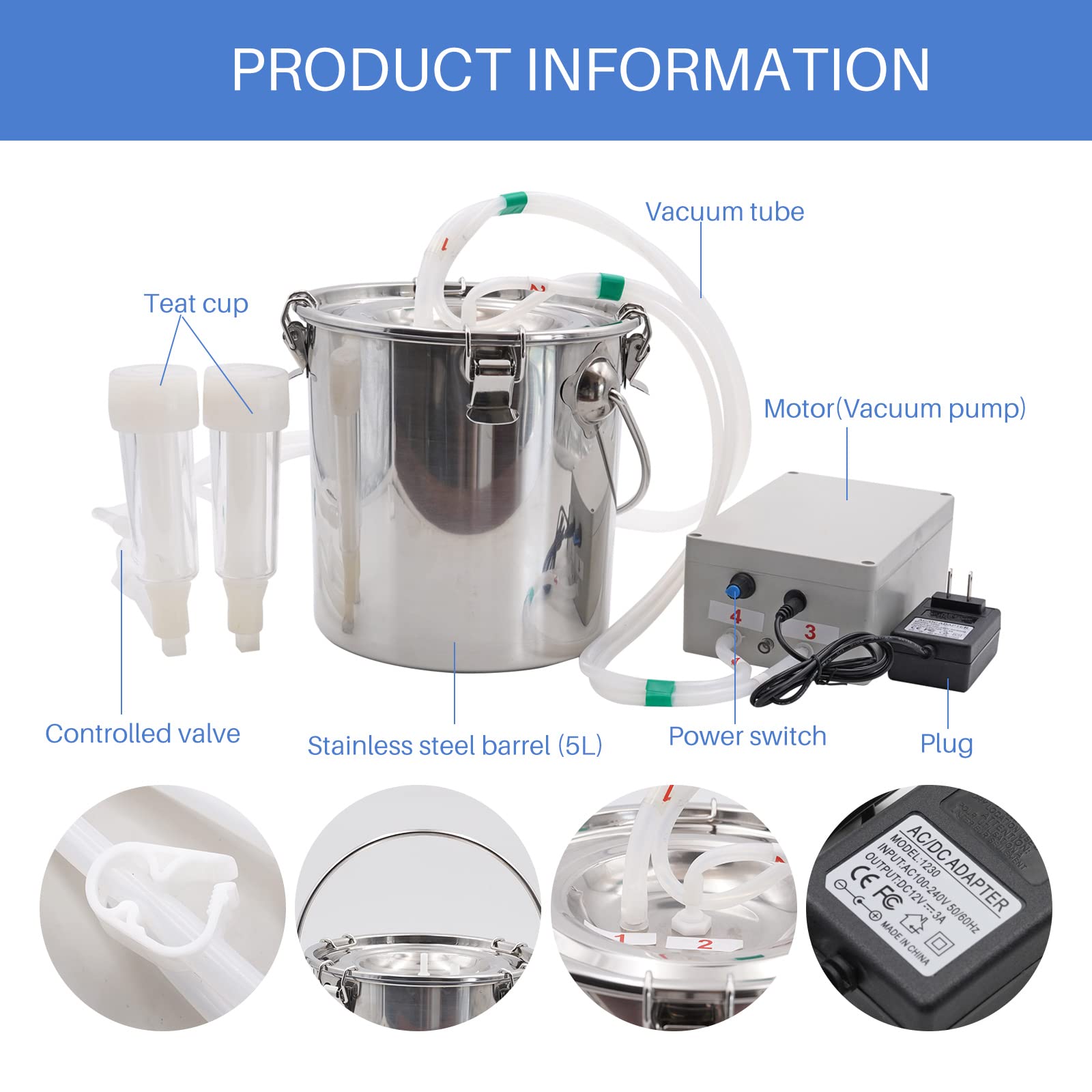 5L Electric Goat Milking Machine with Adjustable Pulsation & Vacuum - Automatic Pulsating Vacuum Pump for Livestock - Stainless Steel Bucket Included - Perfect for Small Farms & Homesteads