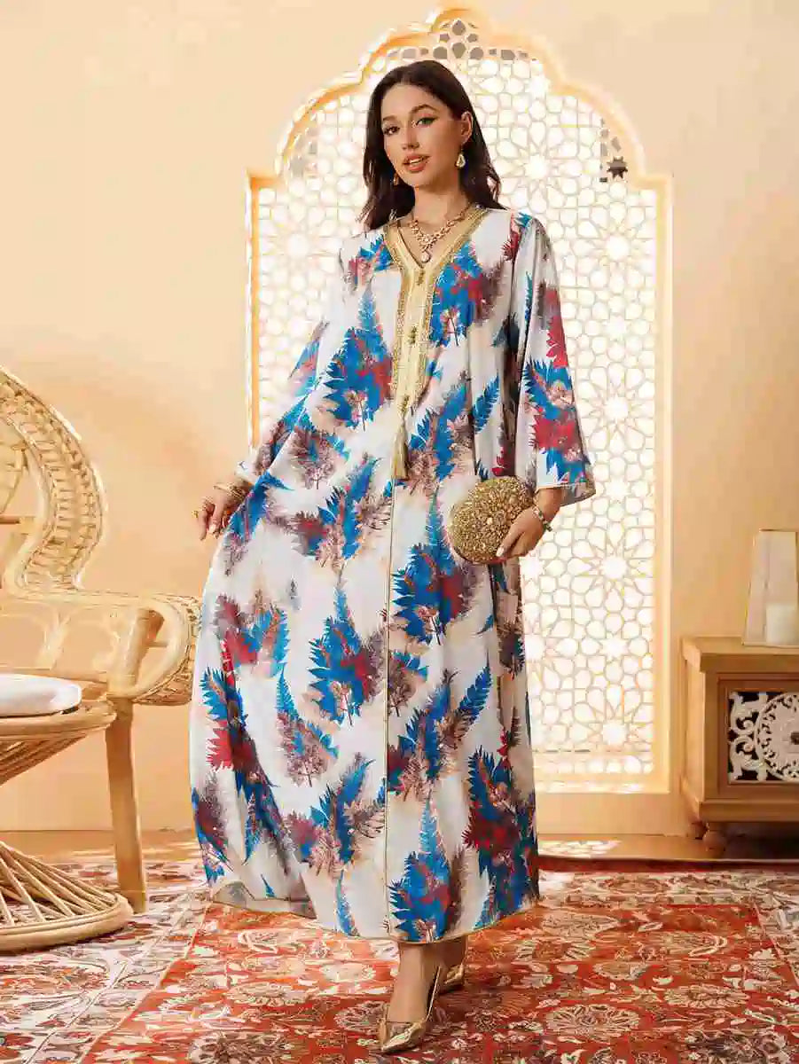 Elegant Hotfix Rhinestone Printed Eid Caftan Dress for Women - Perfect for Eid Celebrations, Weddings & Special Occasions