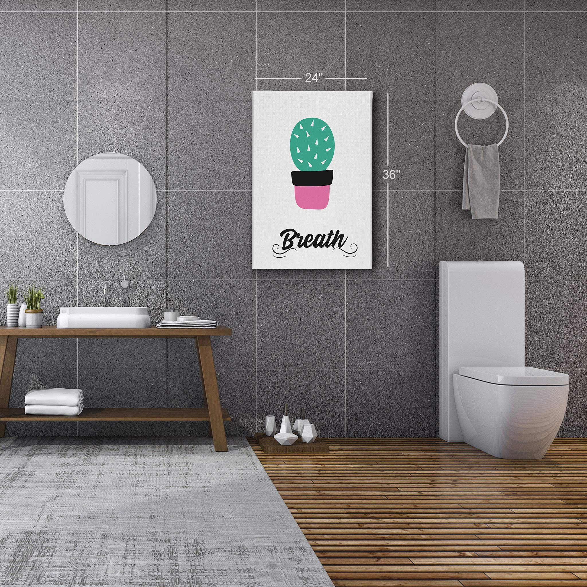 Smile Art Design Breath Typography Cactus Canvas Print - 36x24 Inch Bathroom Wall Decor, Ready to Hang Home Decoration Made in USA | Perfect for Bathroom, Living Room & Bedroom Wall Art