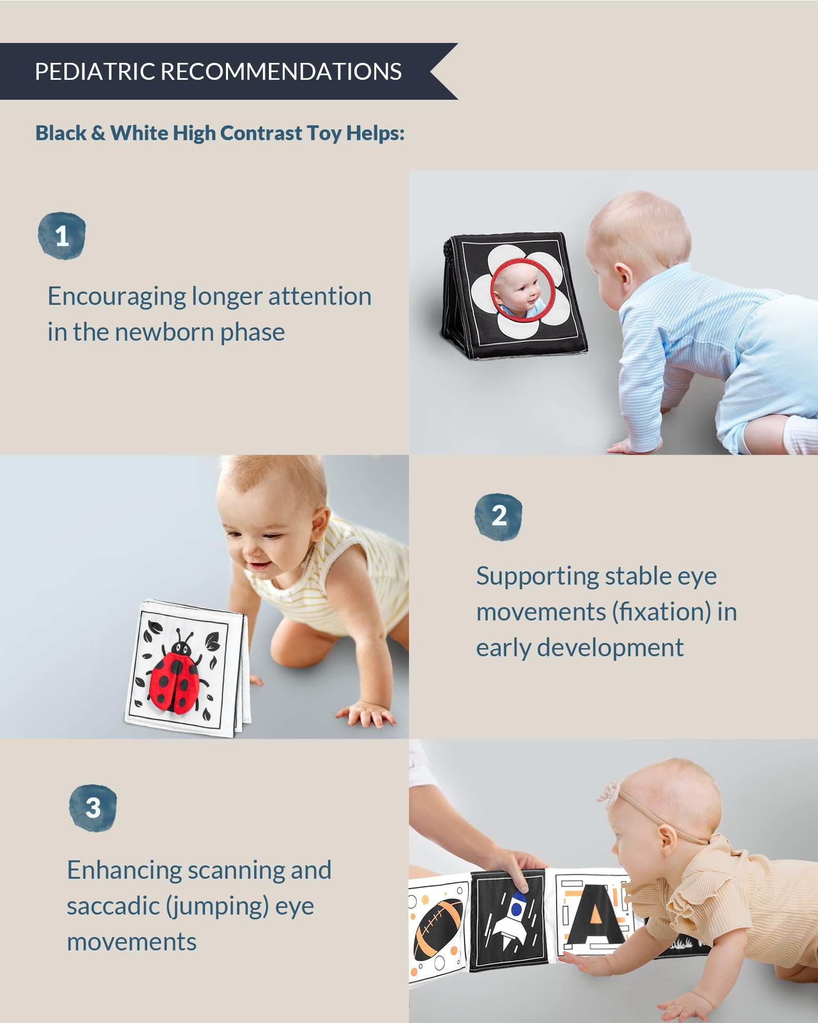 Infinno High Contrast Crinkle Cloth Activity Book - Black & White Baby Toys for 0-6 Months | Infant Sensory Mirror & Tummy Time Toys | Essential Newborn Developmental Gifts for Playtime & Learning