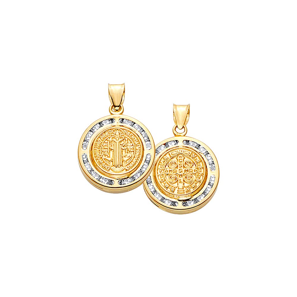 14K Real Yellow Gold CZ Double Face San Benito Charm Pendant - Elegant Necklace for Women, Perfect for Gifts, Parties, and Everyday Wear