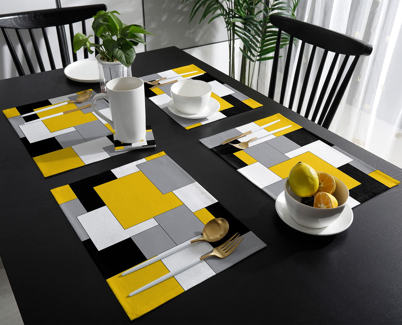 Abstract Geometric Place Mats Set of 6 - Mid Century Yellow Nordic Washable Table Mats for Dining Room, Kitchen Decor, Perfect for Dinner Parties & Everyday Use