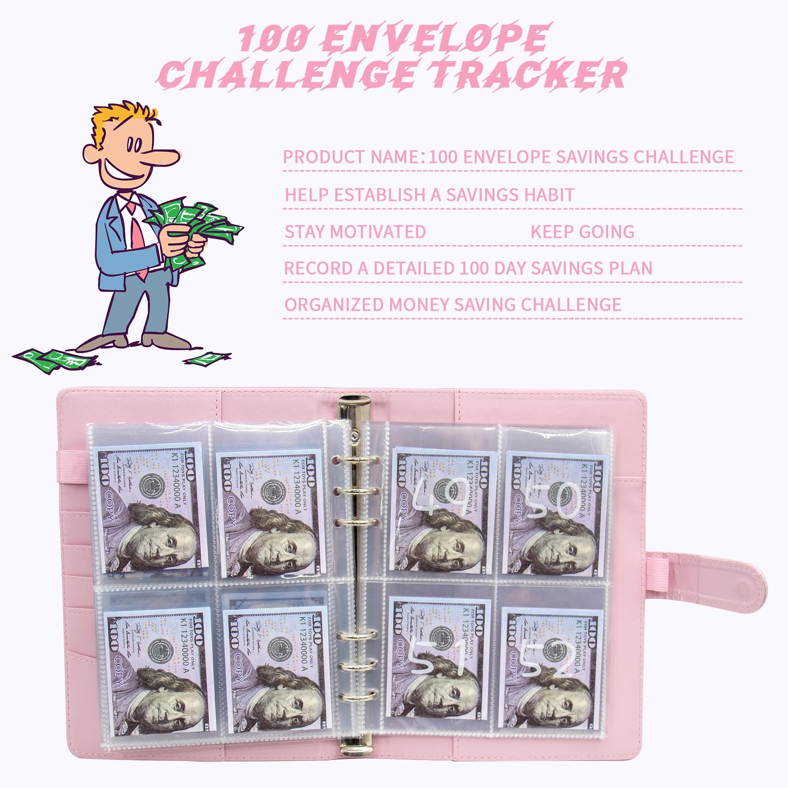 100 Envelopes Challenge Binder - 100 Day Money Saving Challenge Kit with Budget Flipchart & Cash Envelope Wallet | Pink Savings Tracker for Financial Goals | Perfect for Budgeting, Cash Stuffing & Personal Finance Organization