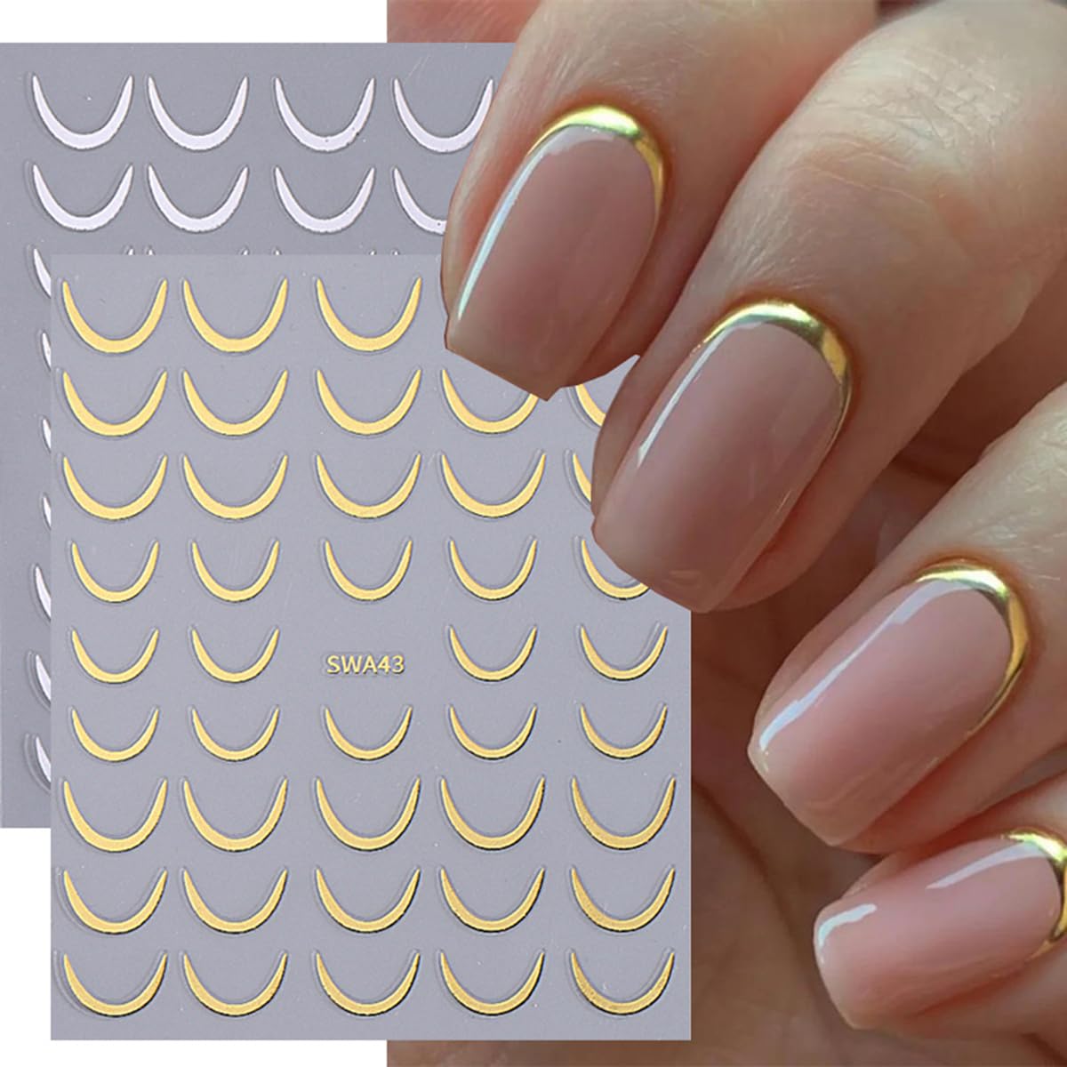 French Tip Nail Art Stickers - Gold & Silver 3D Stripe Nail Decals (6PCS) | Self-Adhesive French Crescent Nail Stickers for DIY Manicure | Perfect for Wedding, Party & Salon Nail Decorations