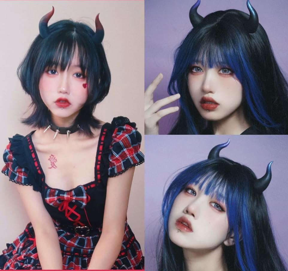 Gothic Devil Horn Hair Clips - Skull Butterfly Bat Edge Hairpins for Halloween Costume Accessories (Blue) | Perfect for Cosplay, Parties & Gothic Fashion
