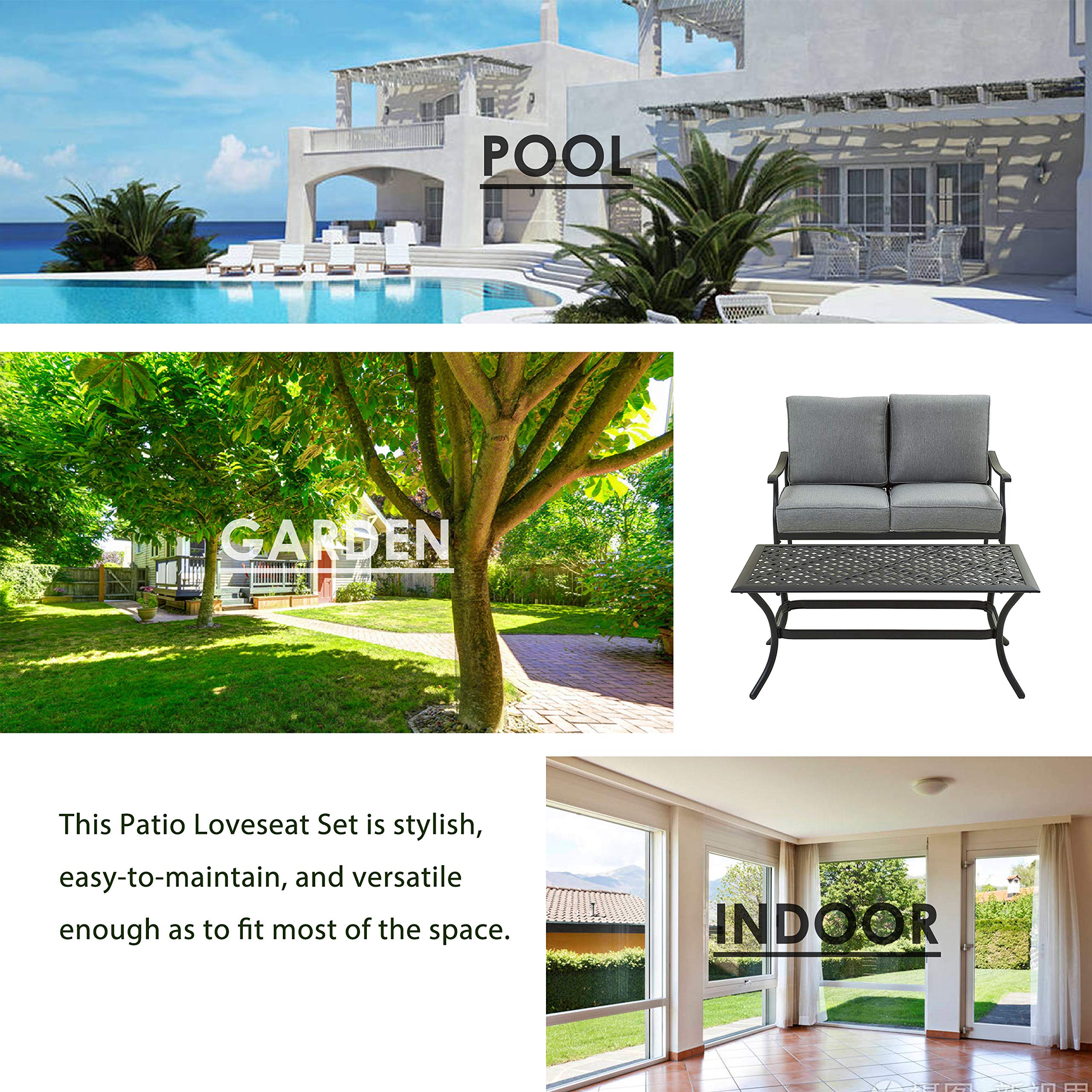 LOKATSE HOME 2-Piece Outdoor Loveseat Set - Patio Conversation Furniture with Cushions & Coffee Table - Metal Bistro Chair Bench for Garden, Backyard, Deck - Weather-Resistant Gray Set for Relaxing & Entertaining