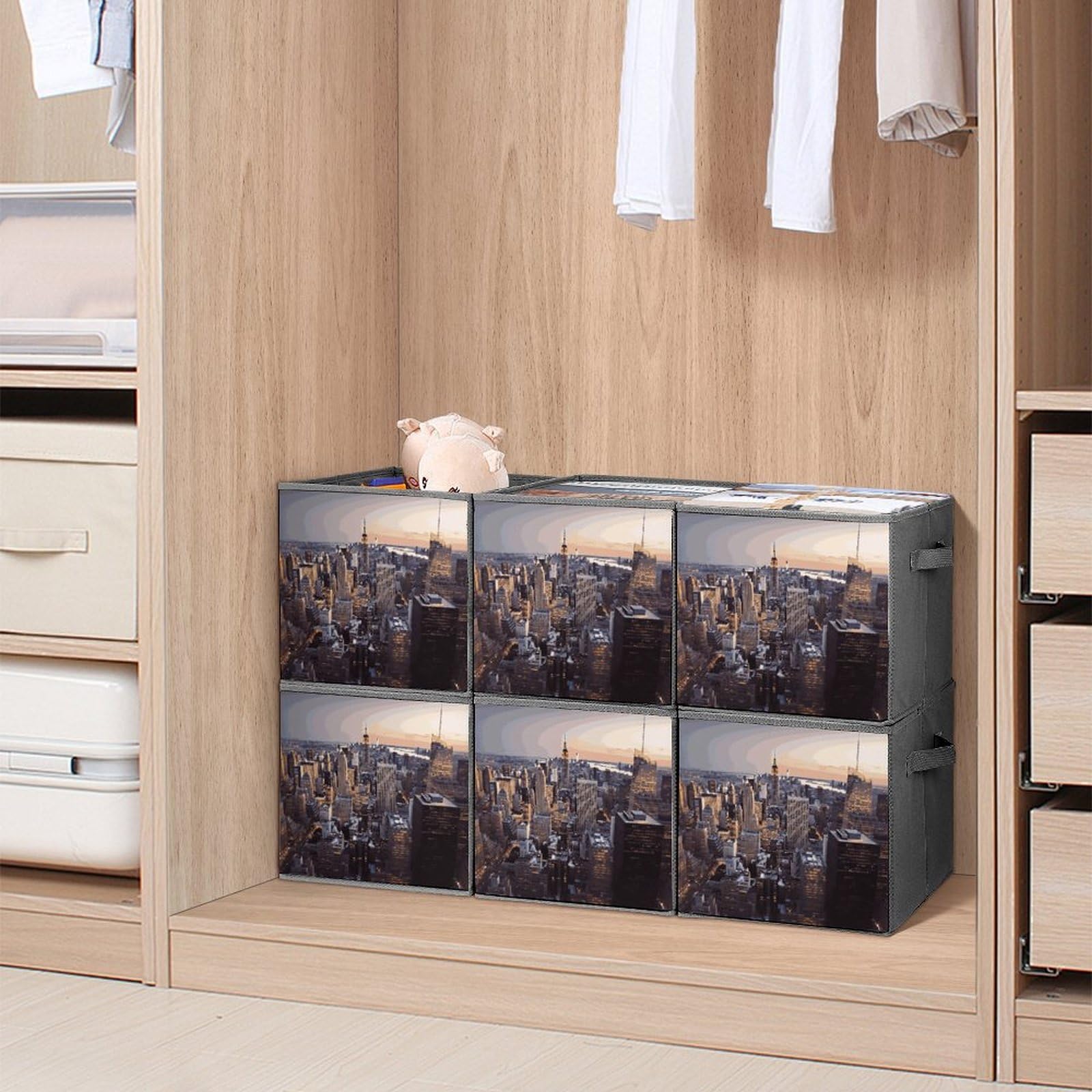 6-Piece Collapsible Storage Bins with Handles - NYC Themed Printed Foldable Organizer Boxes for Home, Office & Closet | Space-Saving Shelving Baskets for Household Organization & Decluttering