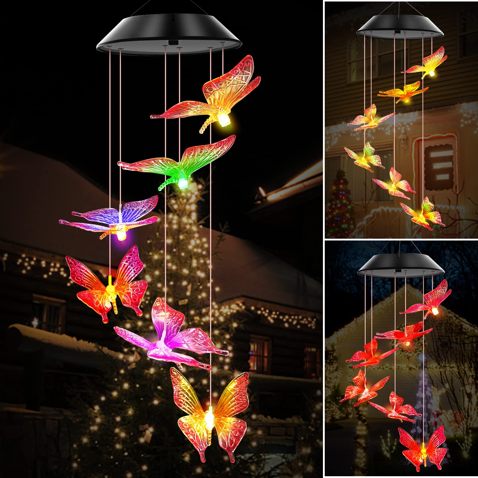 Purple Butterfly Solar Wind Chimes with Color Changing LED Lights - Outdoor Garden Decor for Patio, Yard & Balcony | Unique Gift for Women, Mom, Grandma, Wife, Sister | Relaxing Wind Chime for Meditation & Backyard Ambience