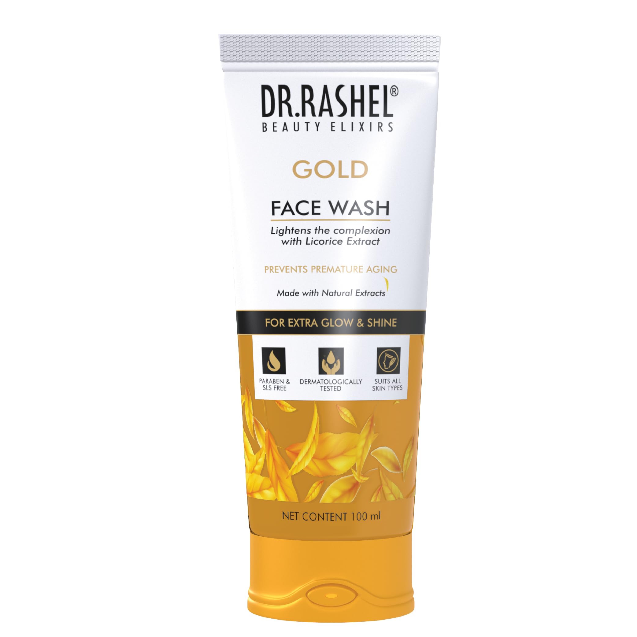 DR.RASHEL Gold Face Wash with Licorice Extract - Brightening & Lightening Facial Cleanser for Glowing Skin | Paraben-Free, SLS-Free, Silicone-Free, No Artificial Colors (100ml) | Perfect for Daily Skincare Routine & Dark Spot Reduction