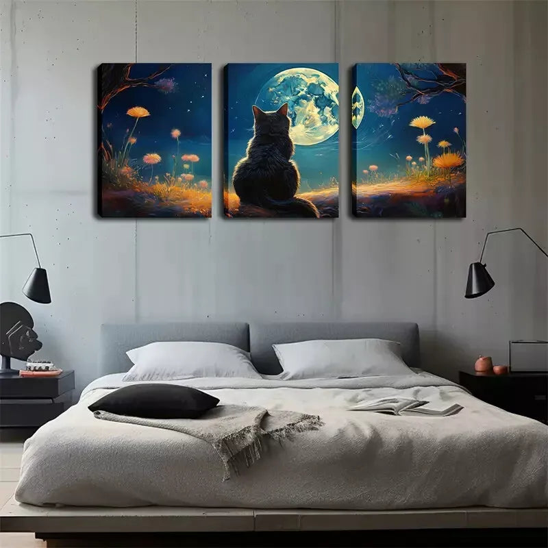 3-Piece Lucky Cat Gazing at the Moon Wall Art Set - Framed Canvas Prints 40x60cm - High Quality Australian Made Wall Decor - Perfect for Living Room, Bedroom & Office Decor