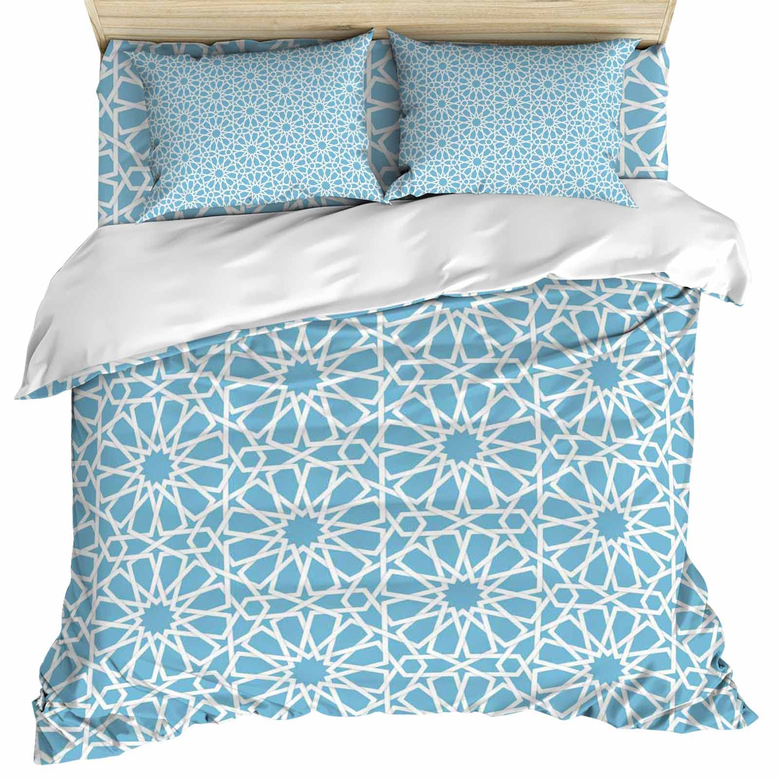LEOKOTI 4-Piece Queen Size Bedding Set - Blue Floral Geometric Quilt Cover with Pillow Shams & Fitted Sheet | Breathable Microfiber All-Season Comforter Set | Perfect for Master Bedroom, Guest Room & Dorm Decor
