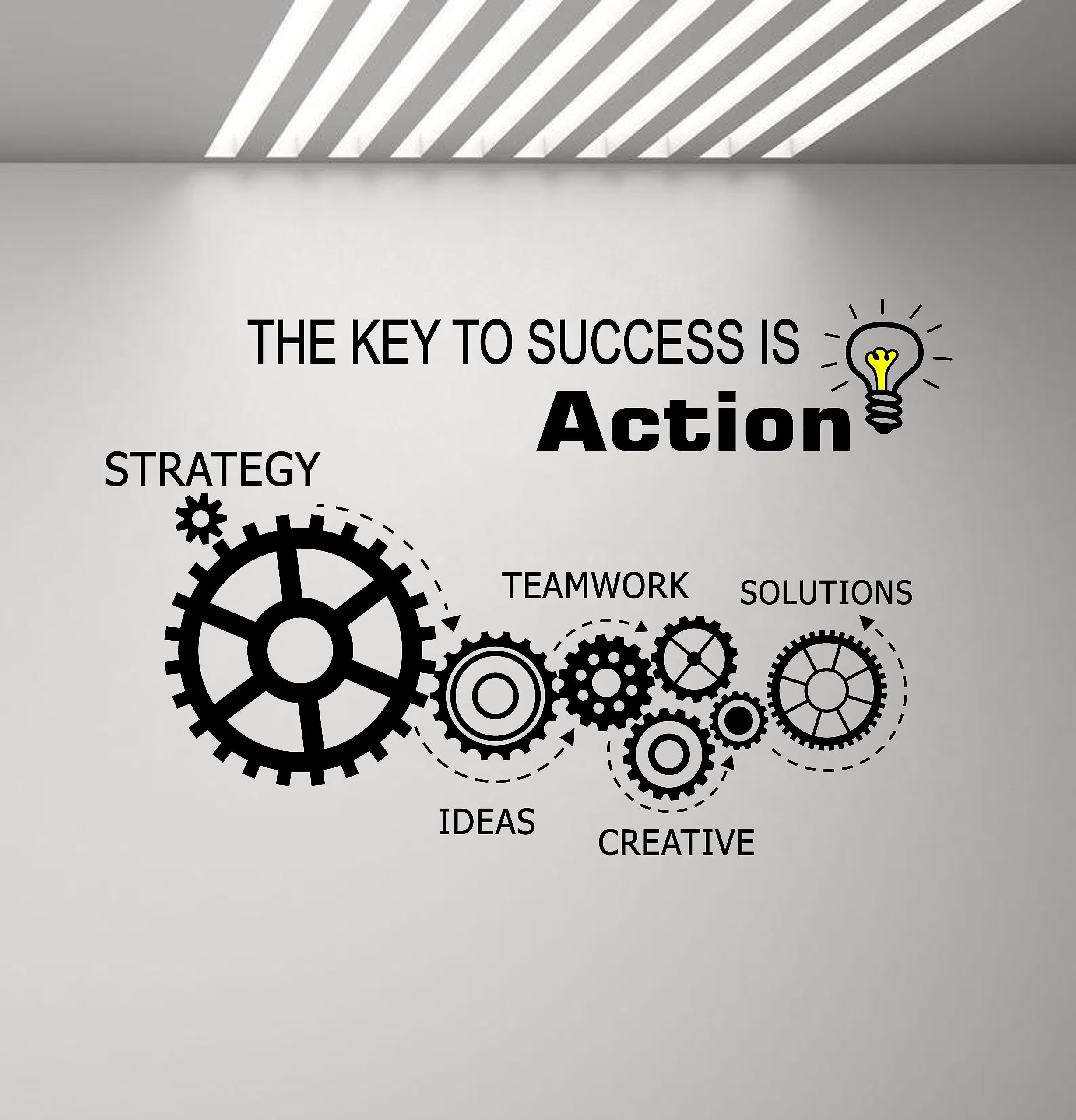 Teamwork Gears Vinyl Wall Decal - Inspirational Office Wall Art Sticker with 'The Key to Success is Action' Quote - Black Motivational Mural for Home & Office Decor - Perfect for Workspace, Study Room, and Business Interior Design