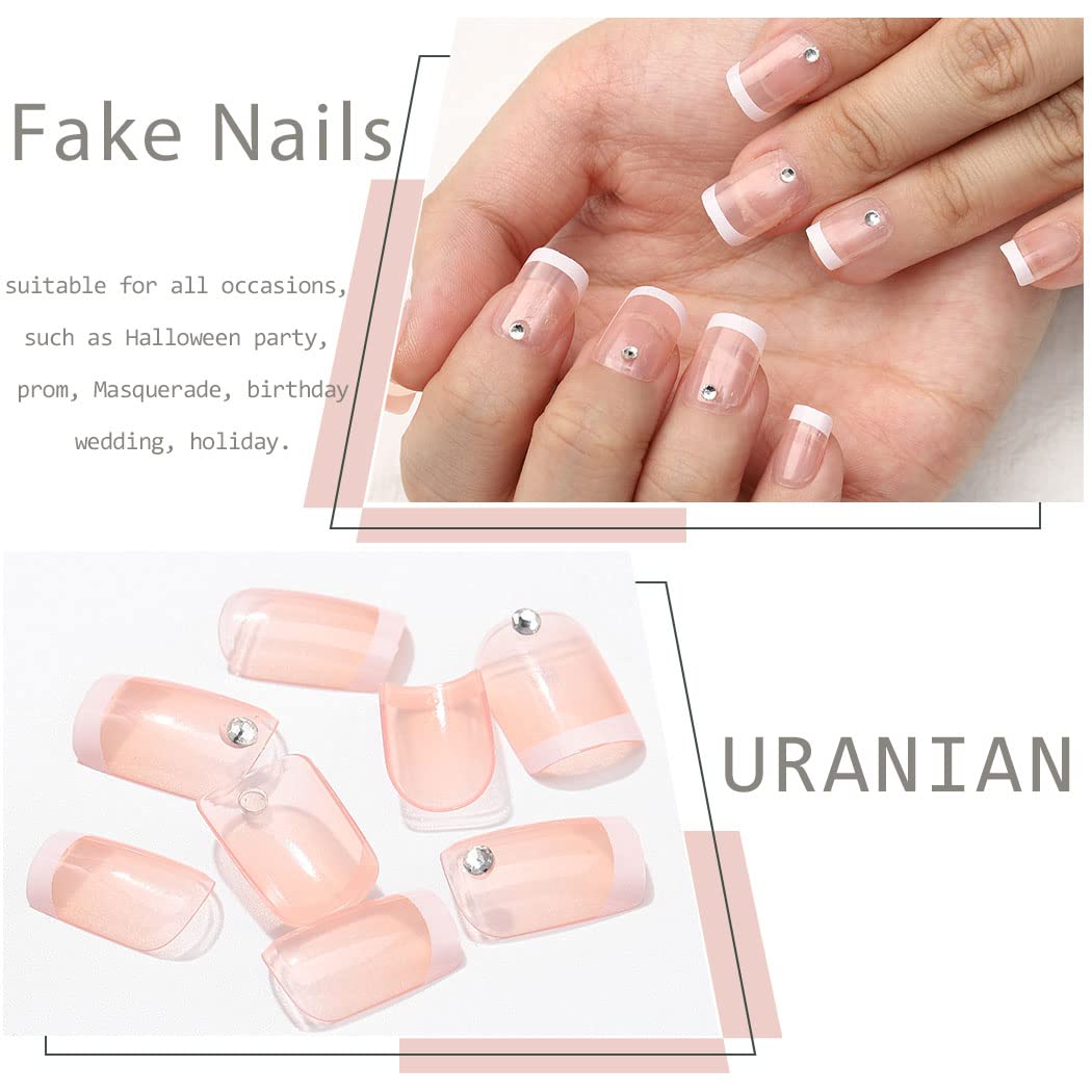 Uranian French Press on Nails - White Short Square Fake Nails with Rhinestones, Transparent Glossy Acrylic Full Cover False Nails for Women & Girls (24pcs) - Perfect for Parties, Weddings, and Special Occasions