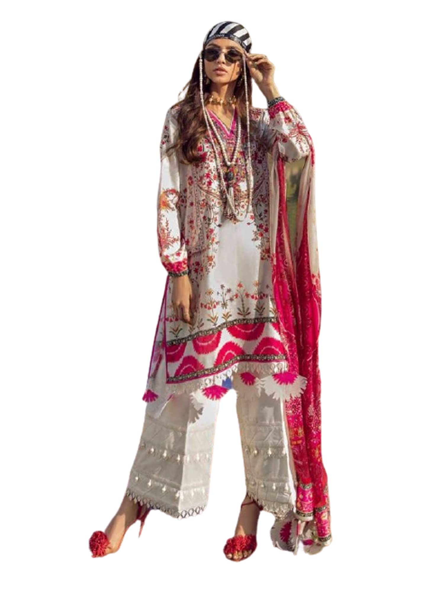 White Indian Pakistani Style Women's Pure Cotton Embroidered Printed Suit with Chiffon Dupatta - Elegant Ethnic Outfit for Parties, Weddings & Festive Occasions