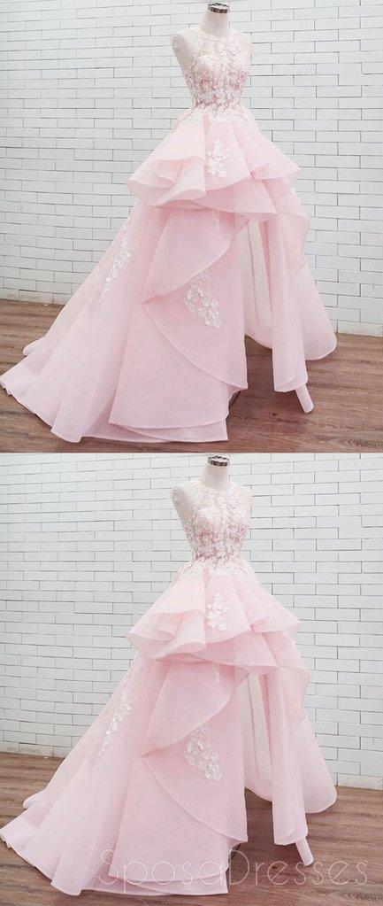 Elegant Halter Lace High-Low Pink Organza Long Evening Prom Dress for Women | Custom Sweet 16 Dresses | Perfect for Prom Night, Homecoming, Quinceañera & Formal Events