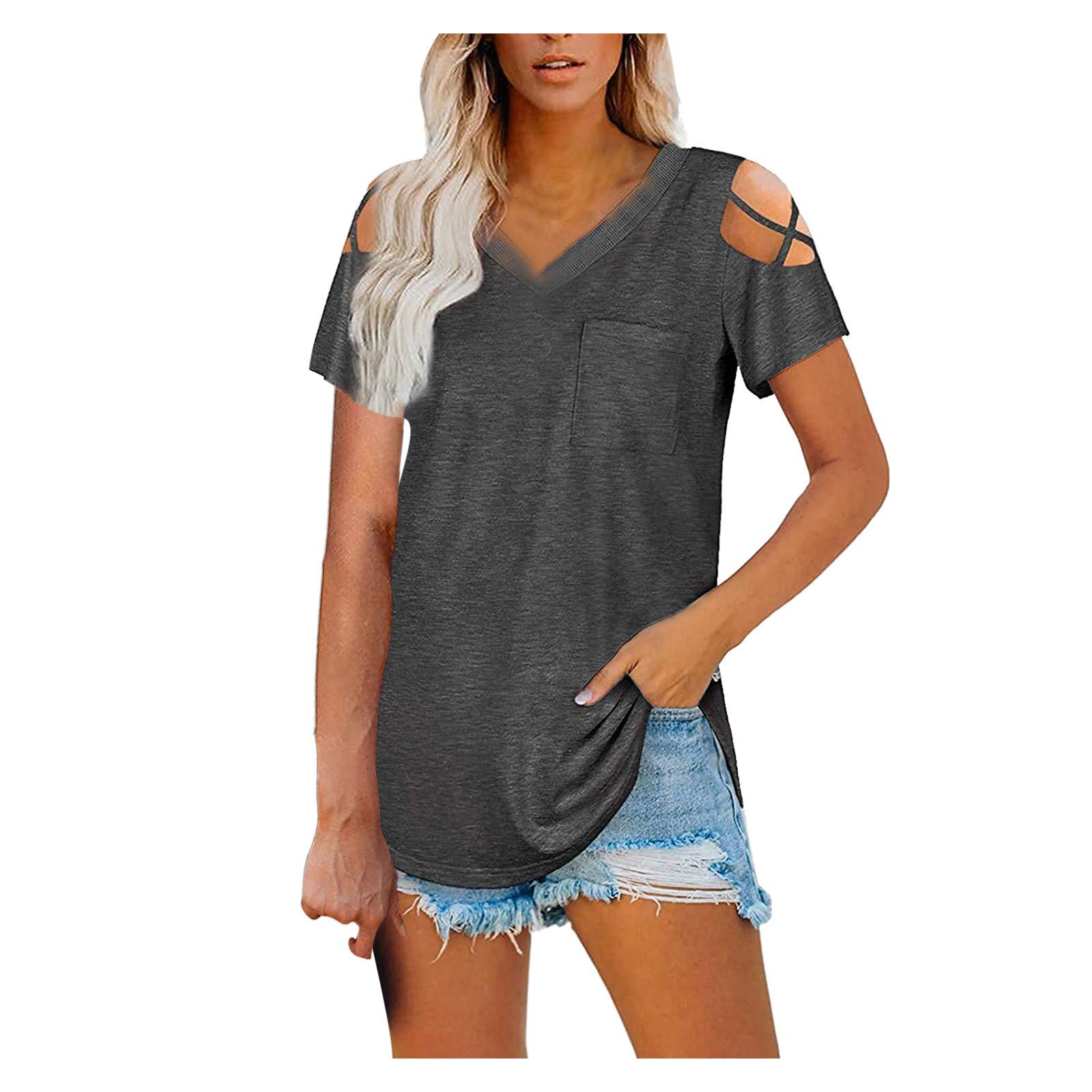 Women's Workout V-Neck Stitching T-Shirt - Casual Short Sleeve Loose Fit Oversized Black Tee for Gym, Yoga & Everyday Wear