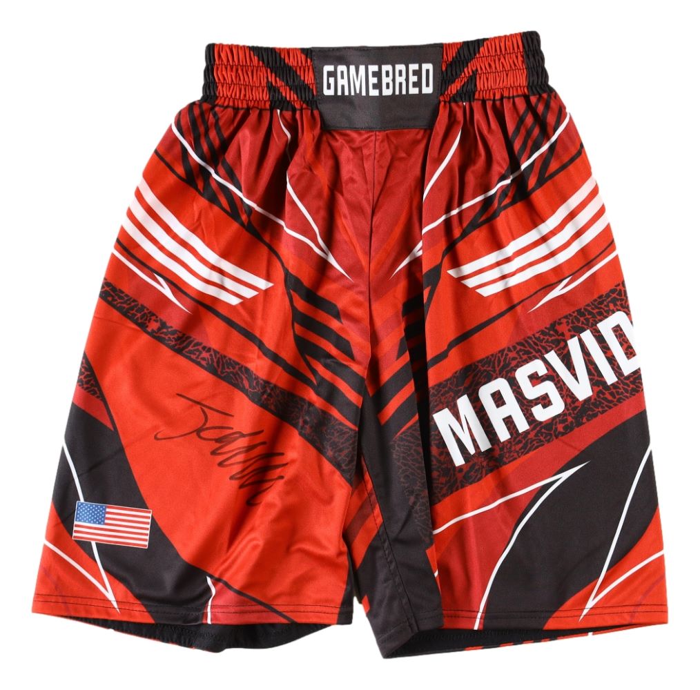 Jorge Masvidal Autographed Custom Red MMA Fight Shorts - Authentic Signed Memorabilia for UFC Fans & Collectors - Perfect for Display, Gifts, and Sports Enthusiasts