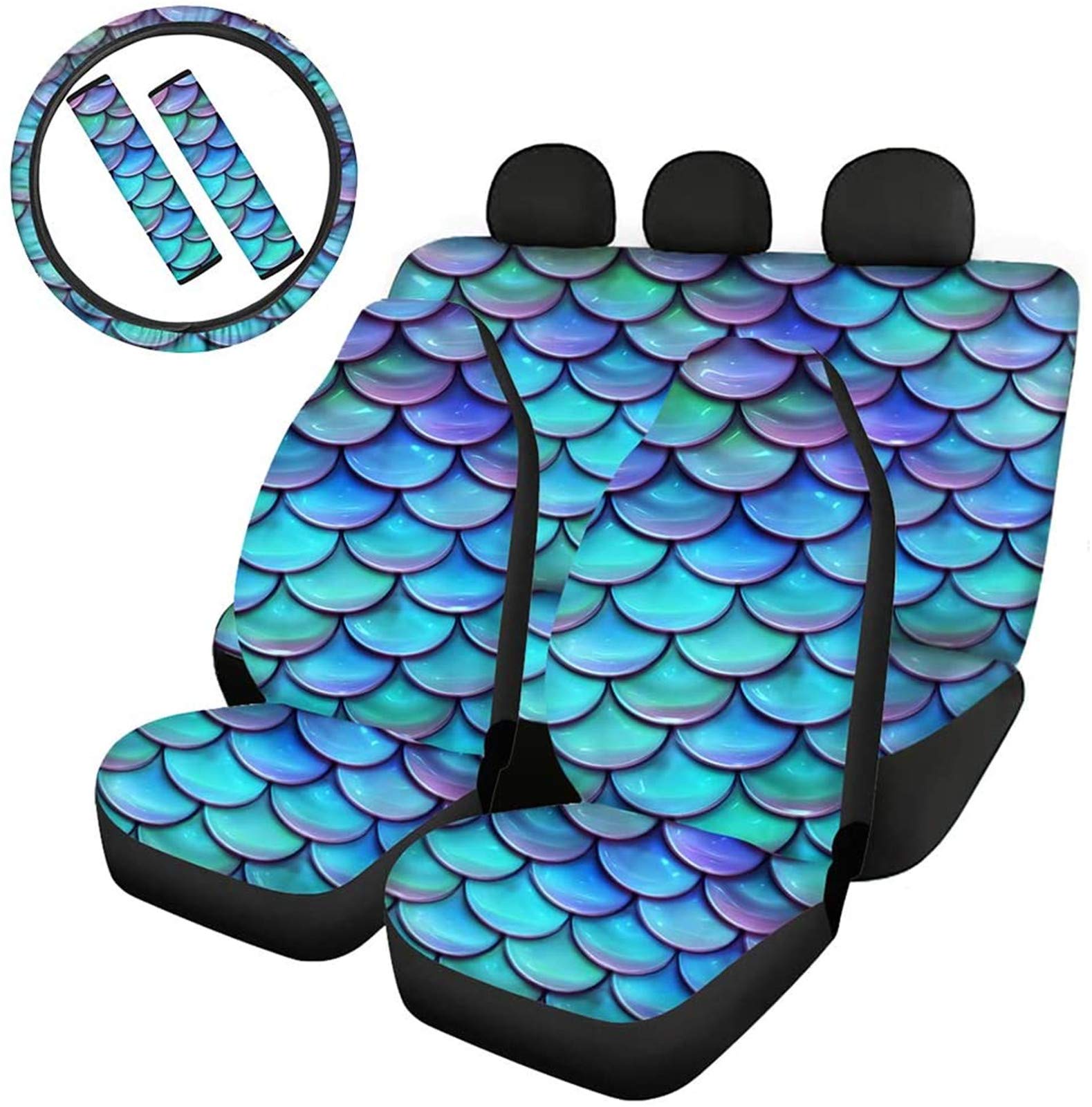 COEQINE Blue Mermaid Print Car Seat Covers Full Set with Steering Wheel Cover & Neoprene Seat Belt Pads - 6-Piece Breathable Auto Seat Covers for Cars, SUVs & Trucks - Waterproof & Comfortable for Daily Commute, Road Trips & Family Travel