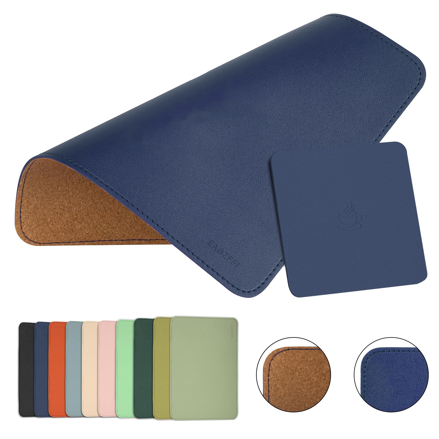 Premium Double-Sided Leather & Wood Mouse Pad with Stitched Edges - Non-Slip Desk Mat for Laptop, PC & Office Use (8x11 Inch, Blue) - Perfect for Home Office, Gaming & Workspace Setup