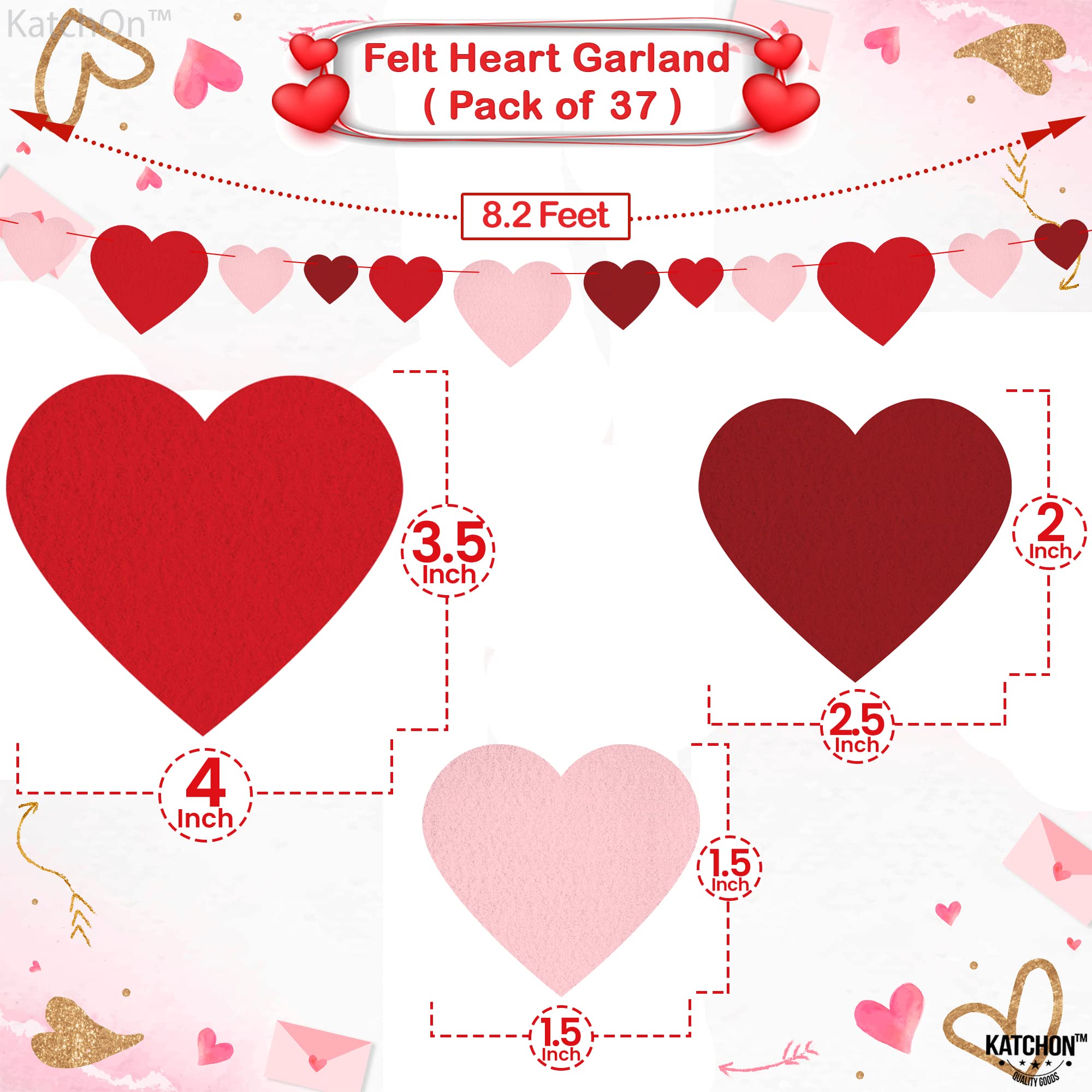 KatchOn Felt Valentine's Day Garland - 3 Strings, 8.2 Feet Red Heart Banner for Wall Decor | Ready-to-Hang Galentine's Day & Valentine's Party Decorations | Perfect for Home, Office, Wedding, Baby Shower & Romantic Events