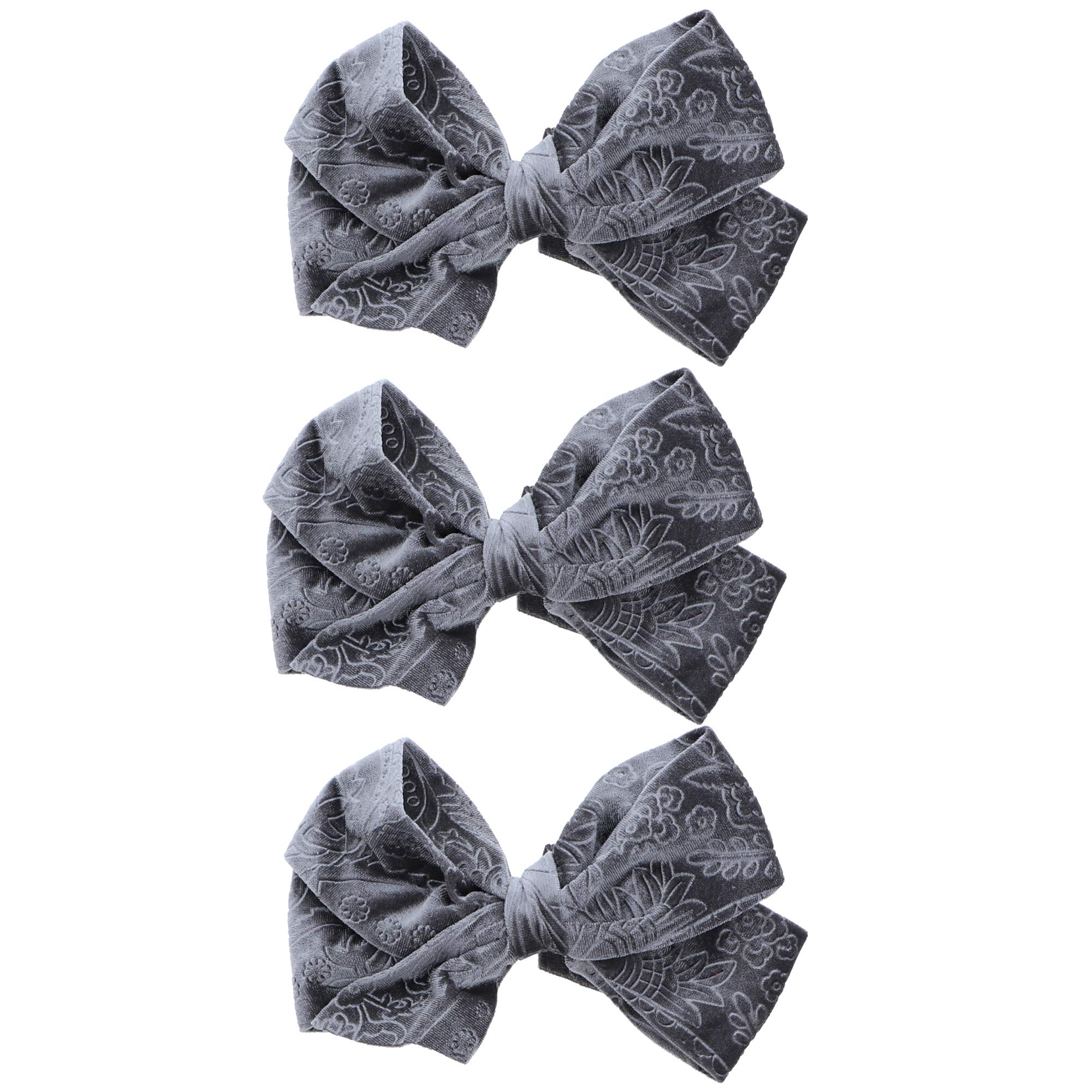 Big Velvet Hair Bow Clip With Design for Girls - Set of 3 Grey Hair Bows for School, Parties, and Special Occasions