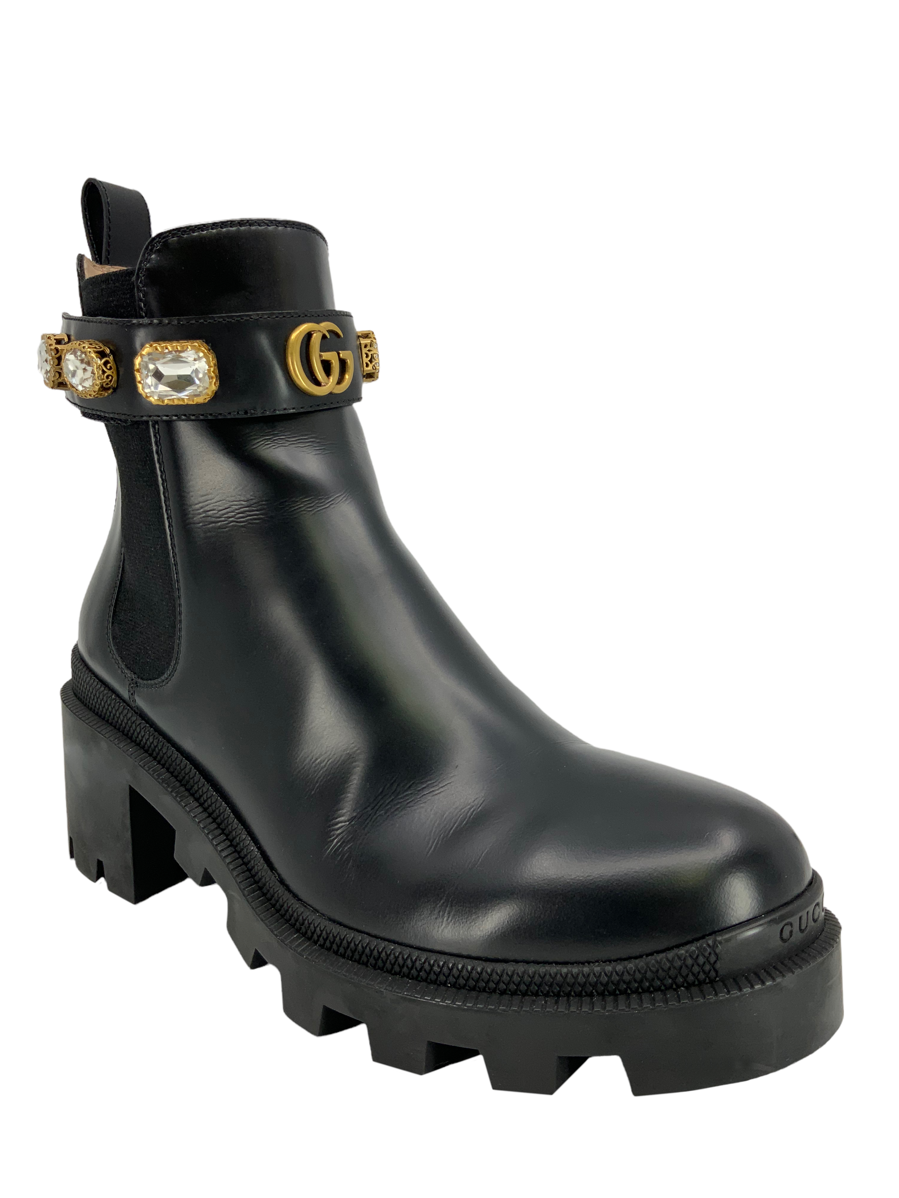 Gucci GG Logo Jewel Trip Strap Chelsea Boots for Women Size 8 - Stylish & Comfortable Ankle Boots for Fall Winter Fashion, Office Wear & Night Out