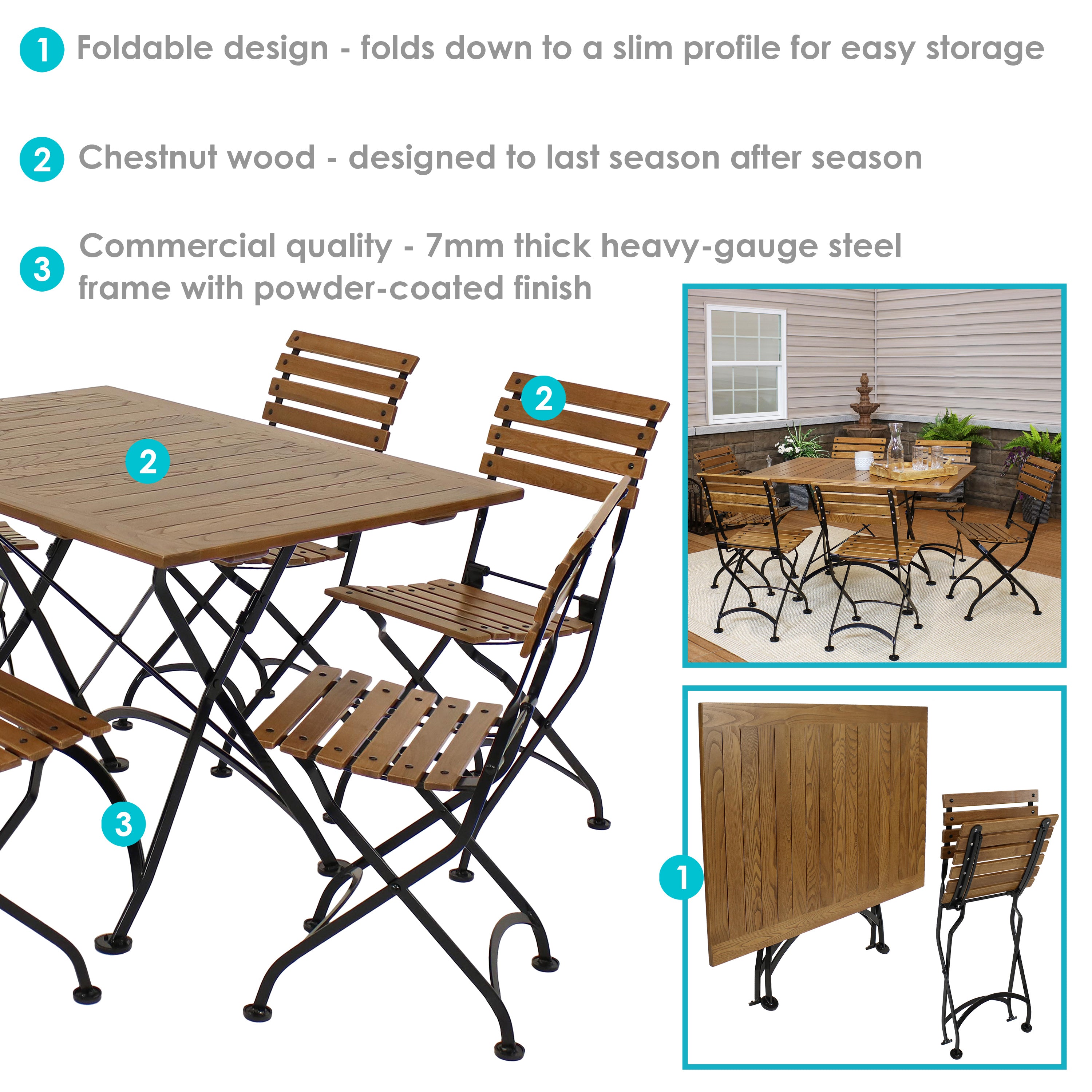 Sunnydaze 7-Piece Folding Table and Chairs Set - European Chestnut Wood Patio Furniture for Outdoor Dining, Picnics, and Garden Parties