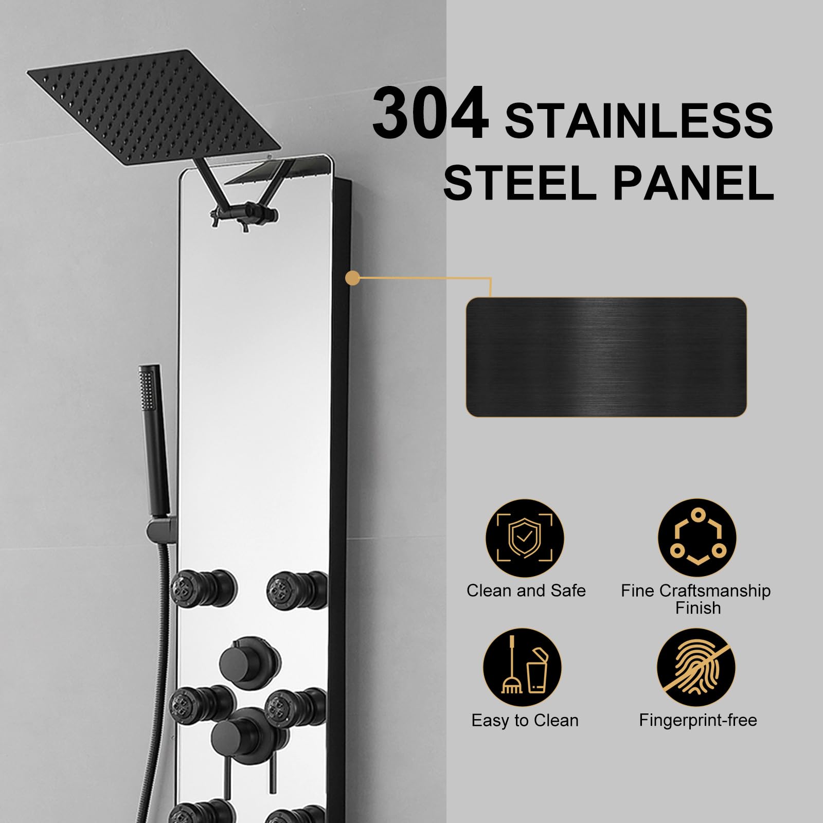 Premium Stainless Steel Black Glass Shower Panel Tower System - 8 Body Massage Jets, Rainfall Shower Head & Tub Spout - Luxury Bathroom Upgrade for Spa-Like Experience