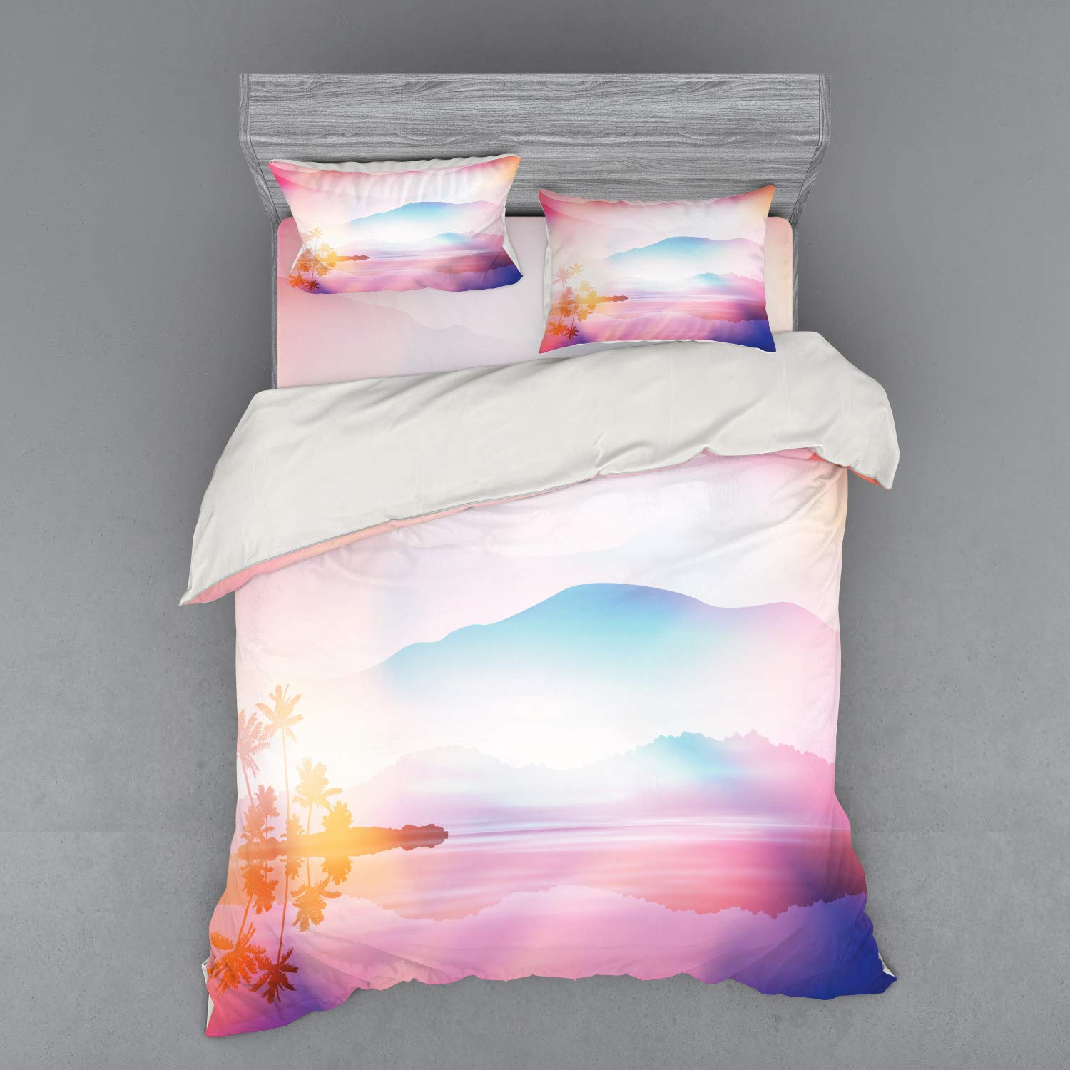 Ambesonne Nature Duvet Cover Set - Ombre Exotic Landscape Palm Trees Design, 3 Piece Queen Size Bedding Set with Pillow Sham & Fitted Sheet, Pale Sky Blue Champagne - Perfect for Tropical Themed Bedrooms, Beach House Decor & Boho Chic Home Styling
