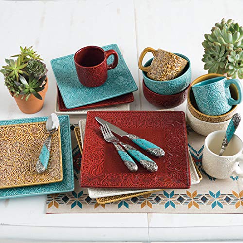 HiEnd Accents Savannah 16-Piece Ceramic Dinnerware Set - Plates, Bowls & Mugs with Floral Tooled Leather Design, Modern Rustic Western Style for Farmhouse Dining & Entertaining